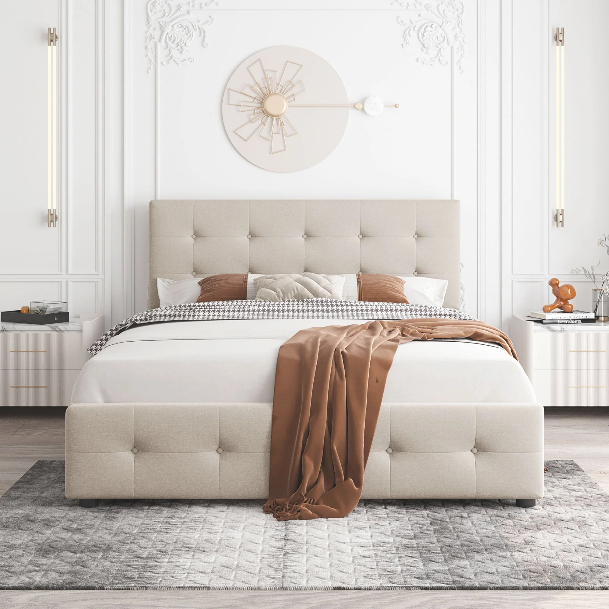 Upholstered Bed, 140x200cm Double with Drawers & Slats, Beige Velvet - Image 2