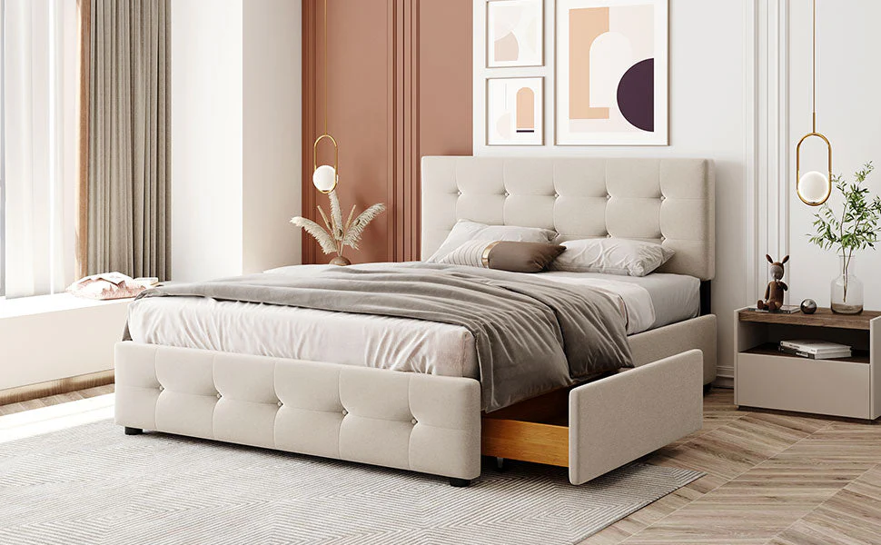 Upholstered Bed, 140x200cm Double with Drawers & Slats, Beige Velvet - Image 6