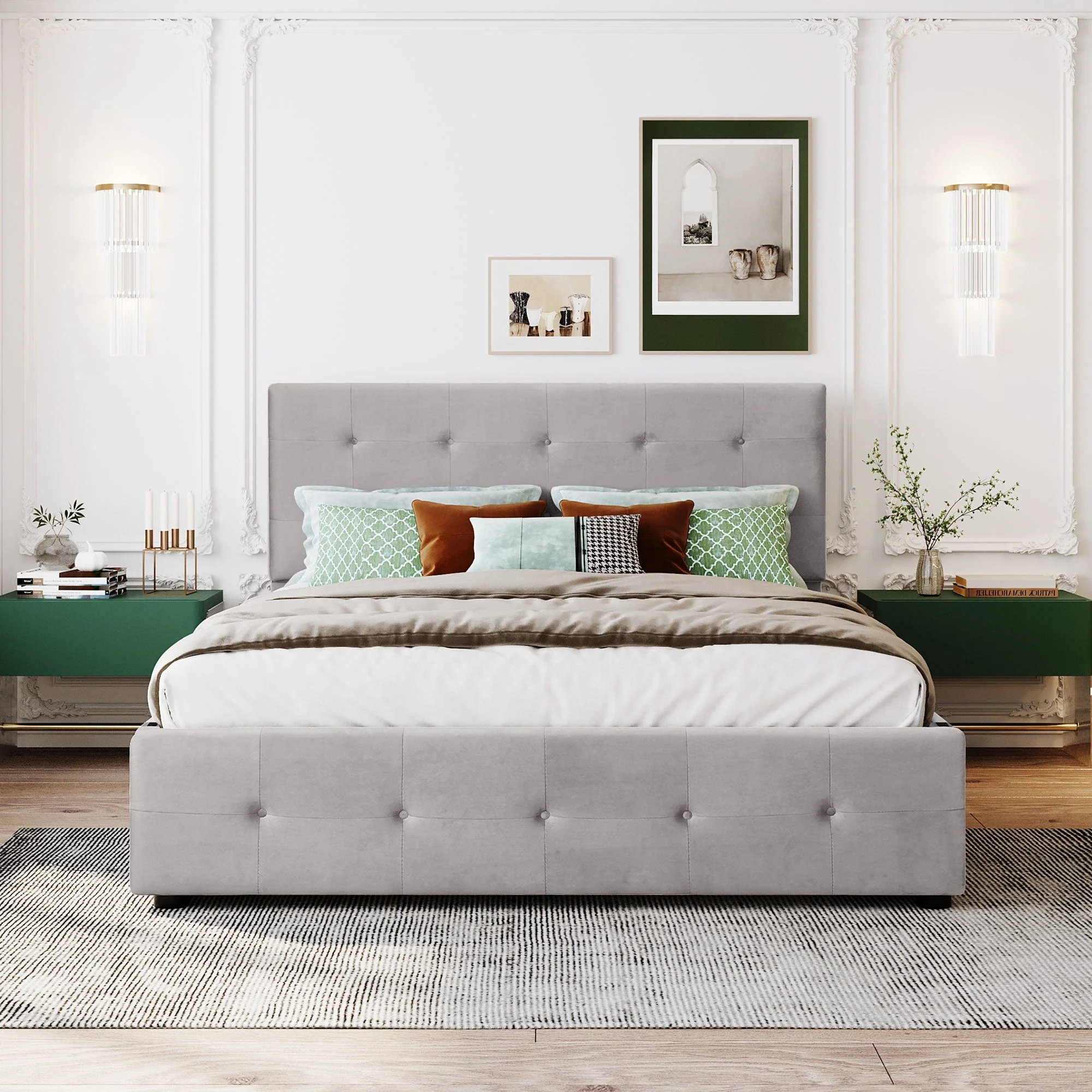 Upholstered Bed, 140x200cm Double with Drawers, Slatted Frame, Backrest, Velvet Fabric Gray - Image 3
