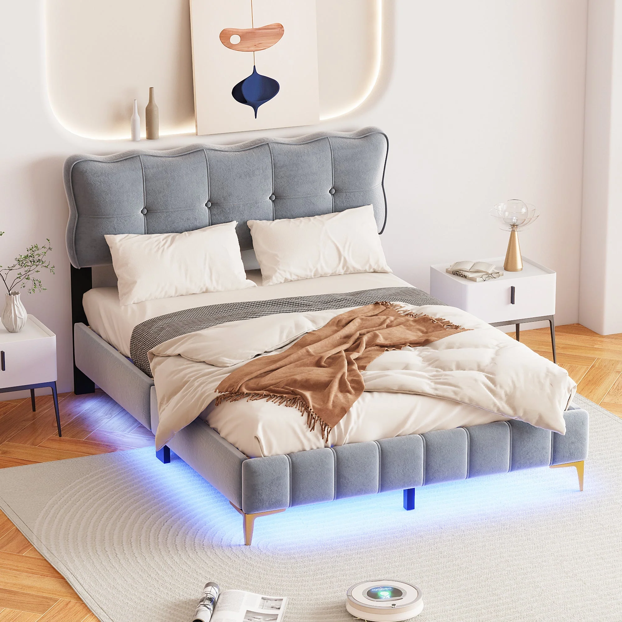 Upholstered Bed, 140x200cm Double with LED & Slatted Frame, Velvet Fabric, Grey - Image 3