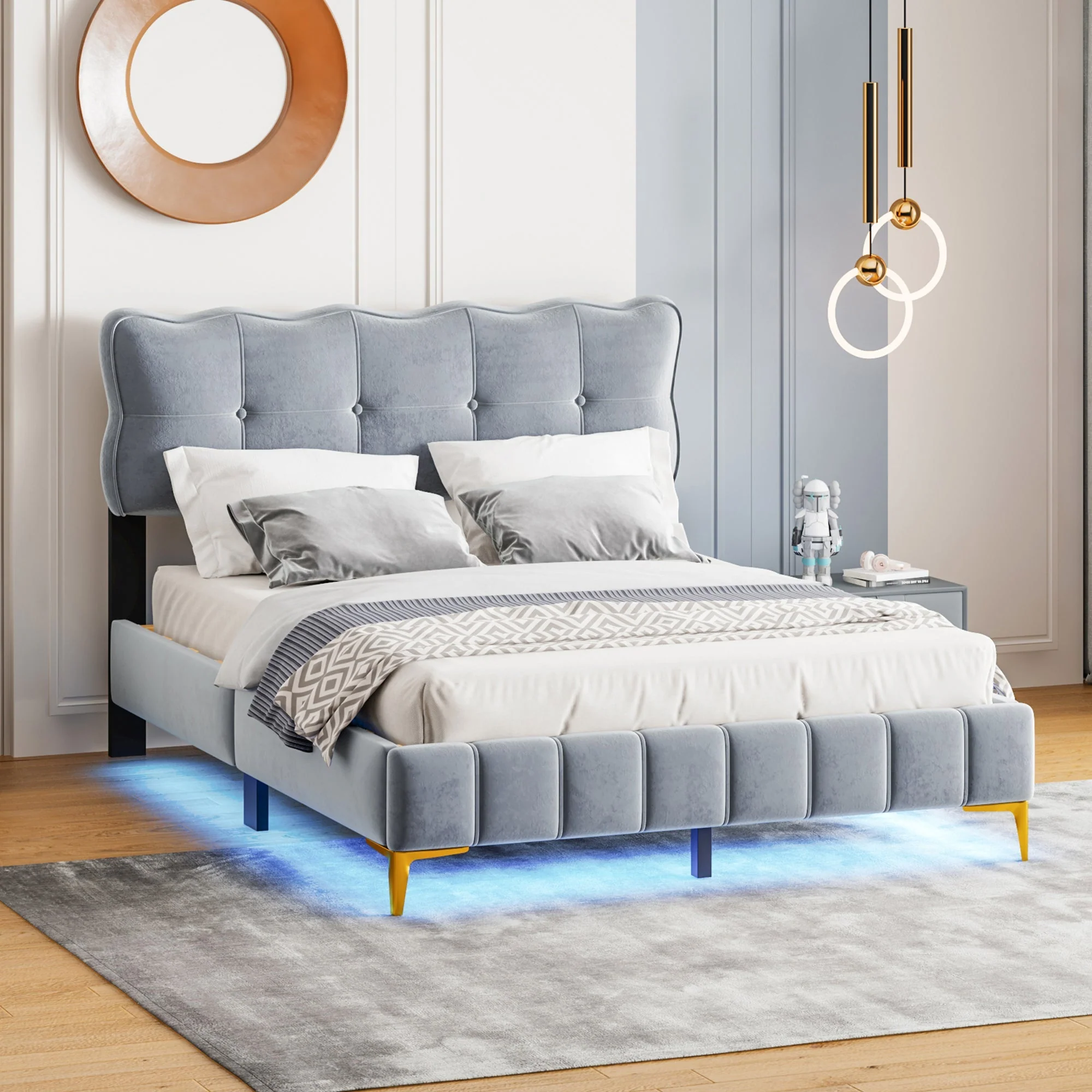 Upholstered Bed, 140x200cm Double with LED & Slatted Frame, Velvet Fabric, Grey - Image 4