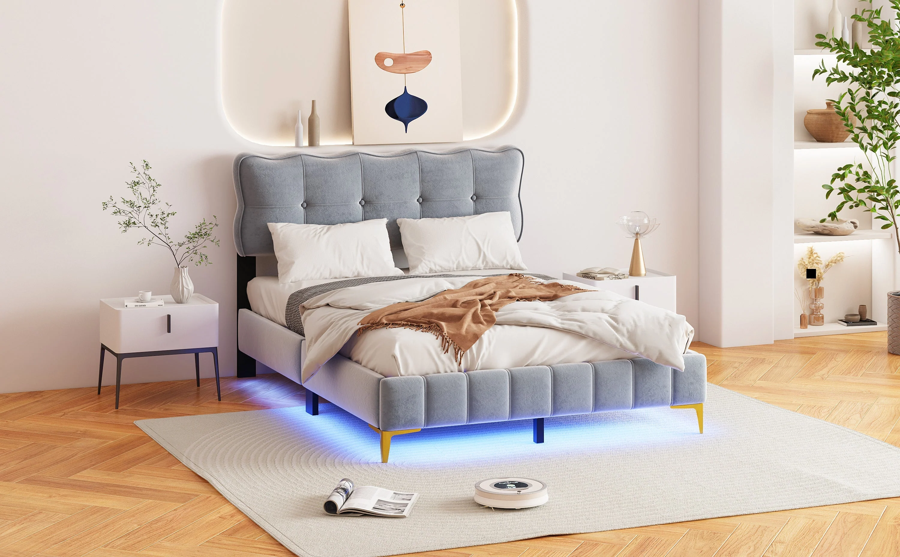 Upholstered Bed, 140x200cm Double with LED & Slatted Frame, Velvet Fabric, Grey - Image 7