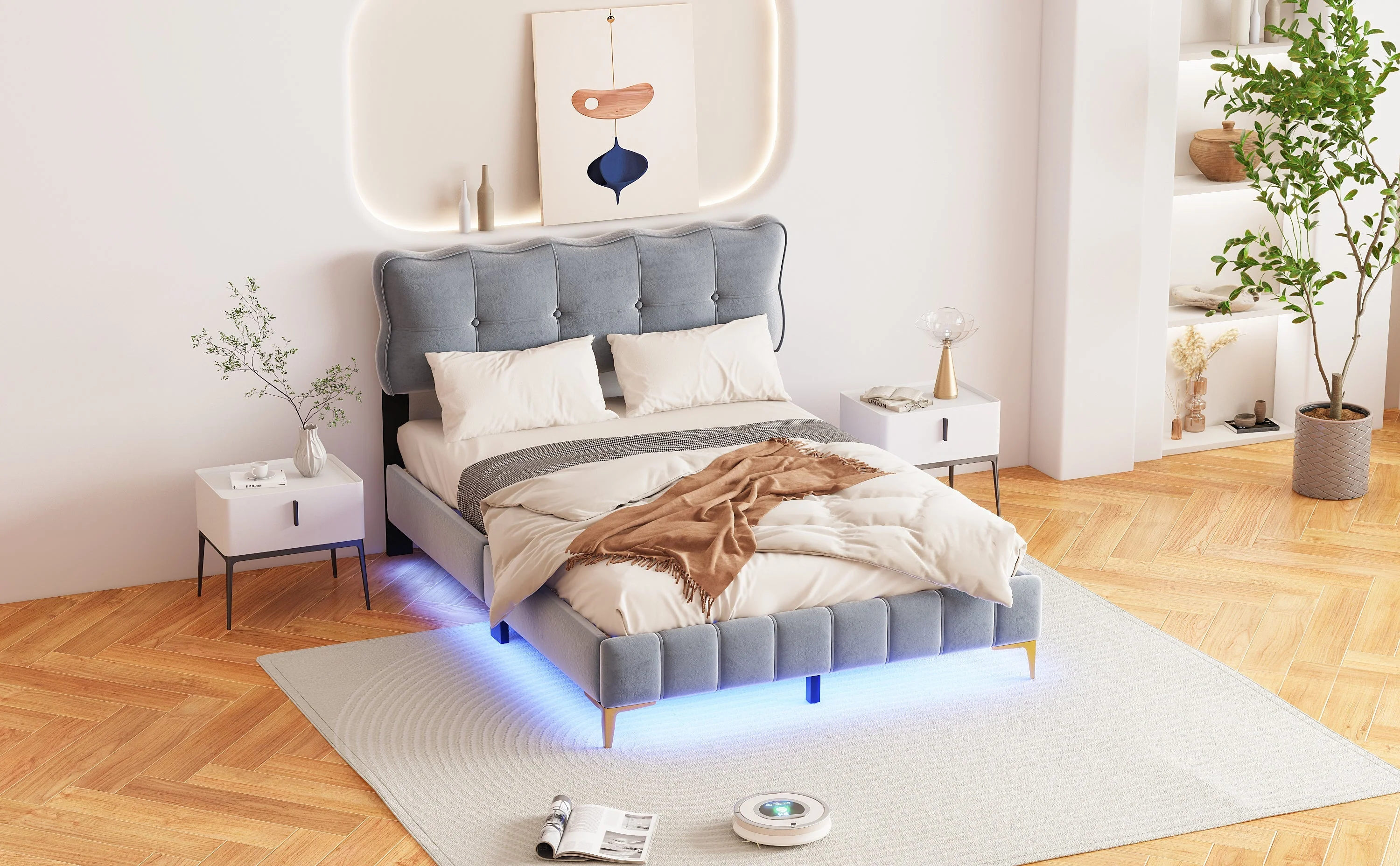 Upholstered Bed, 140x200cm Double with LED & Slatted Frame, Velvet Fabric, Grey - Image 9