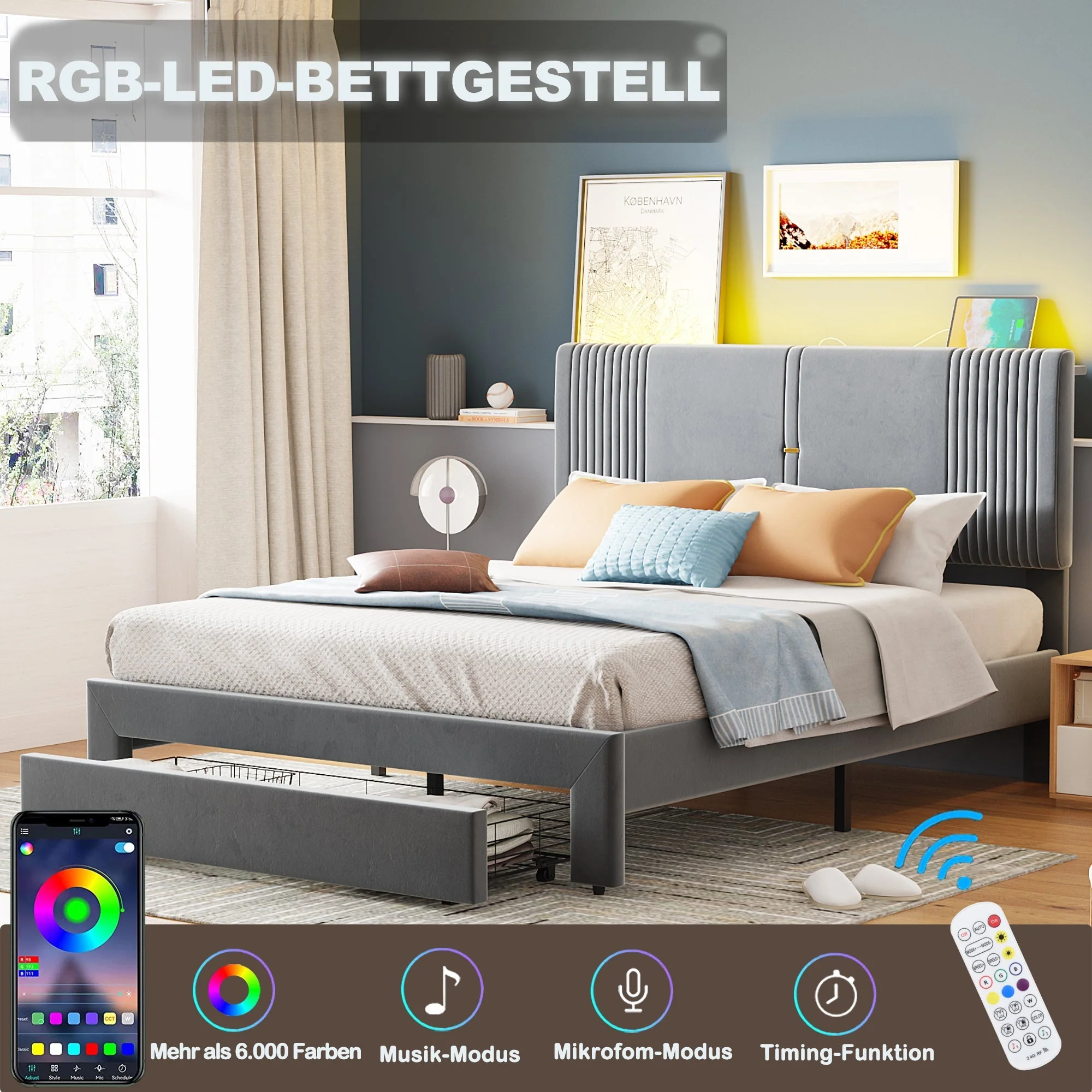 Upholstered Bed, 140x200cm Double with Light Strip & USB Port, Grey Velvet - Image 5