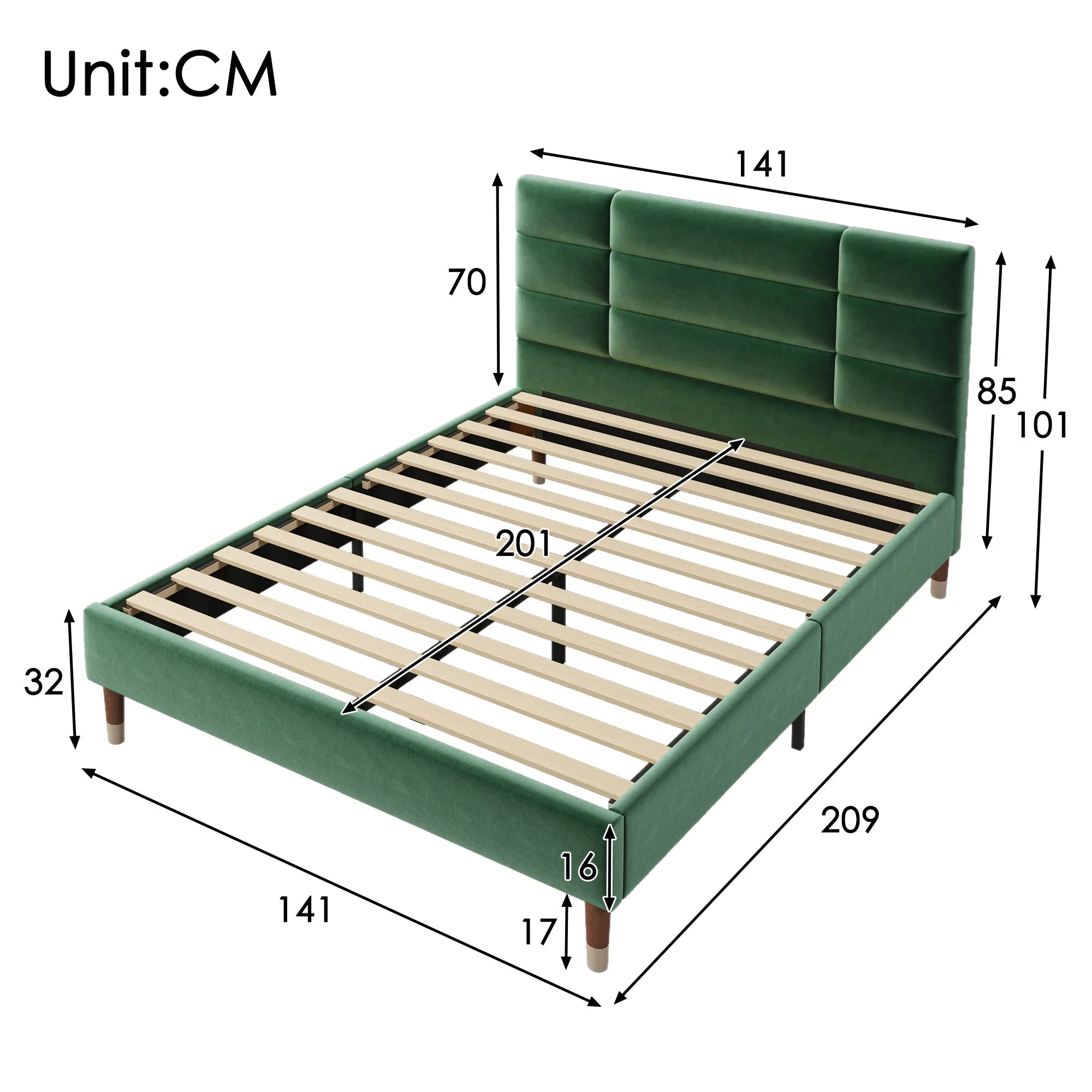 Upholstered Bed, 140x200cm Double with Slatted Frame & Headboard, Dark Green Velvet - Image 2