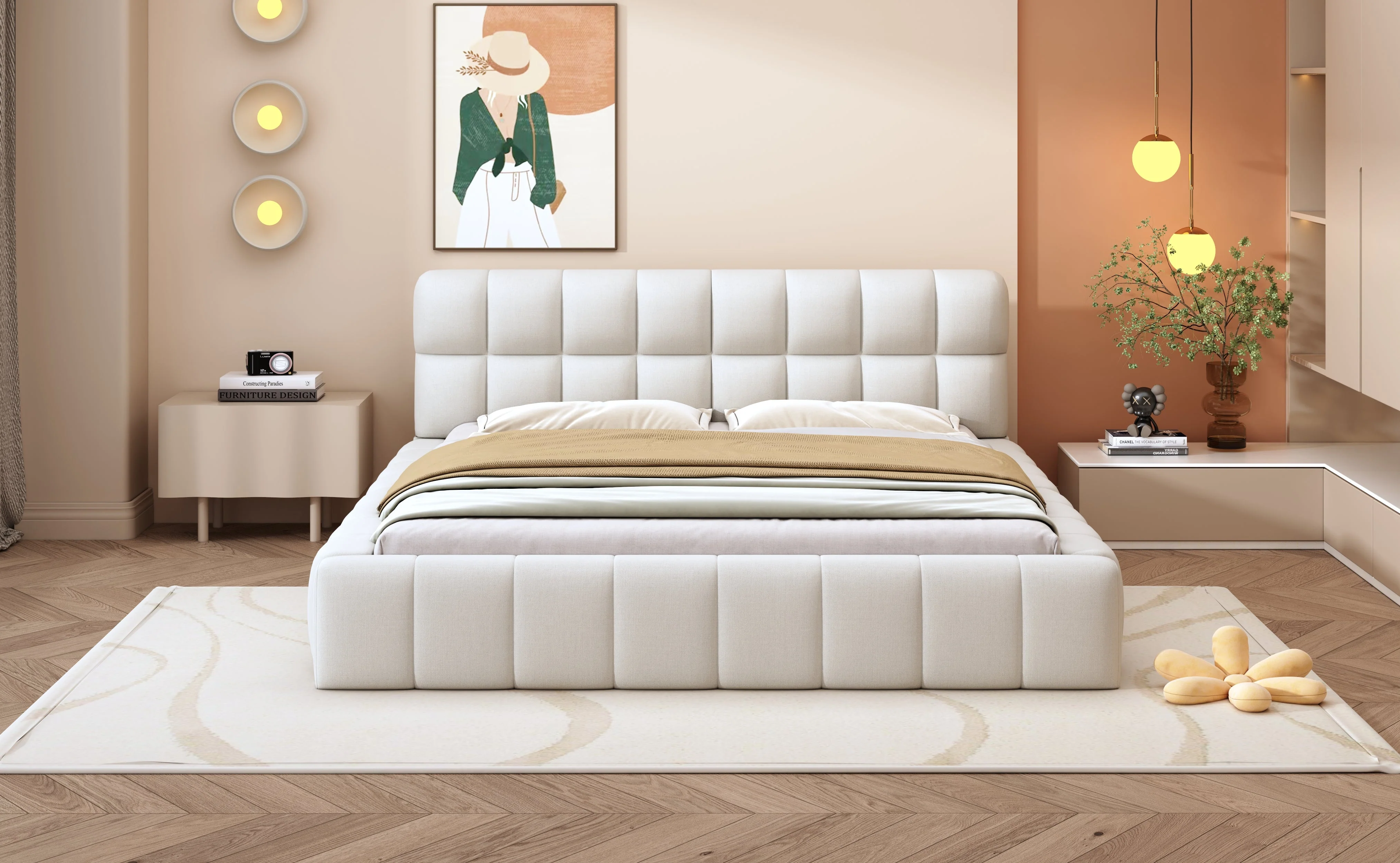 Upholstered Bed, 140x200cm Double with Soft Backrest, Linen Beige - Image 4
