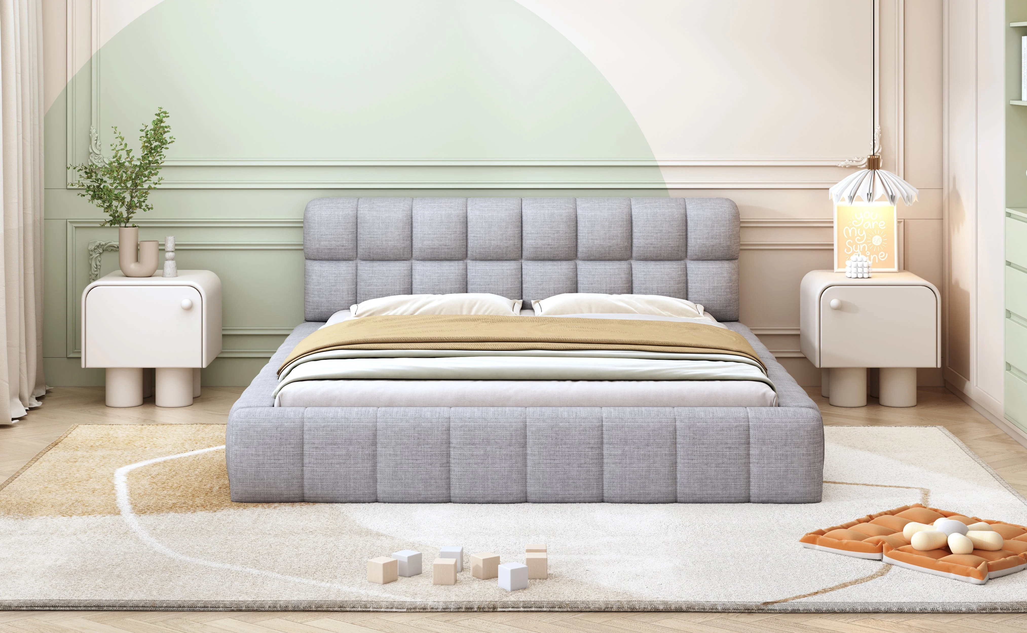 Upholstered Bed 140x200cm Double with Soft Backrest, Linen Grey - Image 4