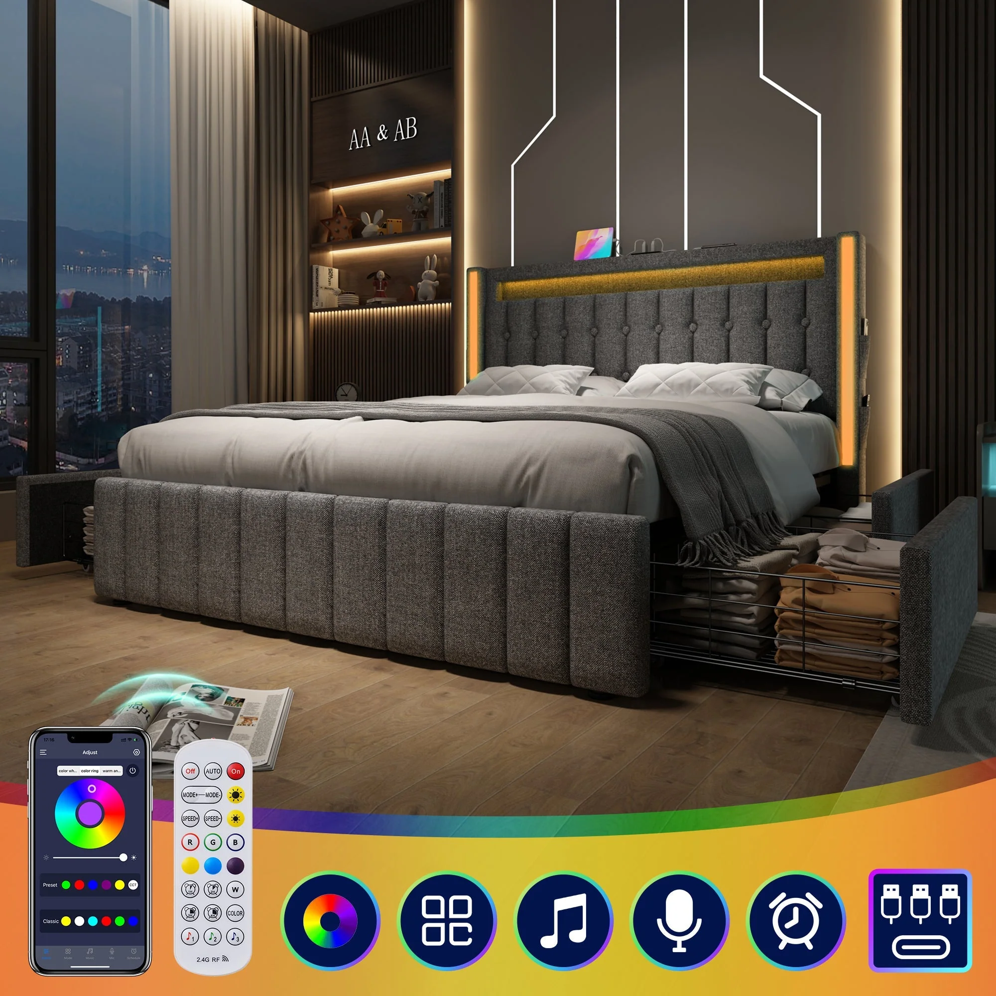 Upholstered Bed, 140x200cm Double with USB-C, LED & 4 Drawers, Gray