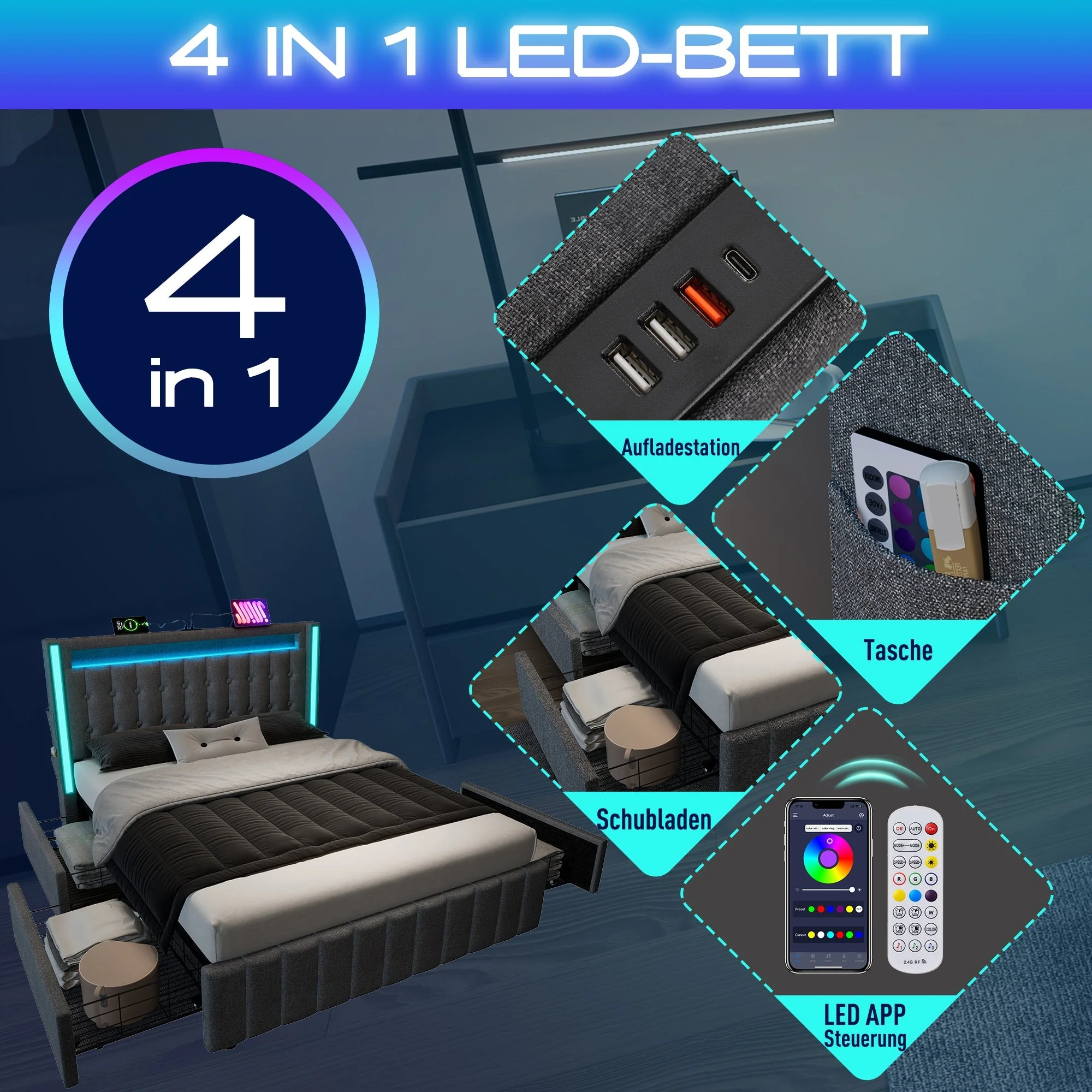 Upholstered Bed, 140x200cm Double with USB-C, LED & 4 Drawers, Gray - Image 6