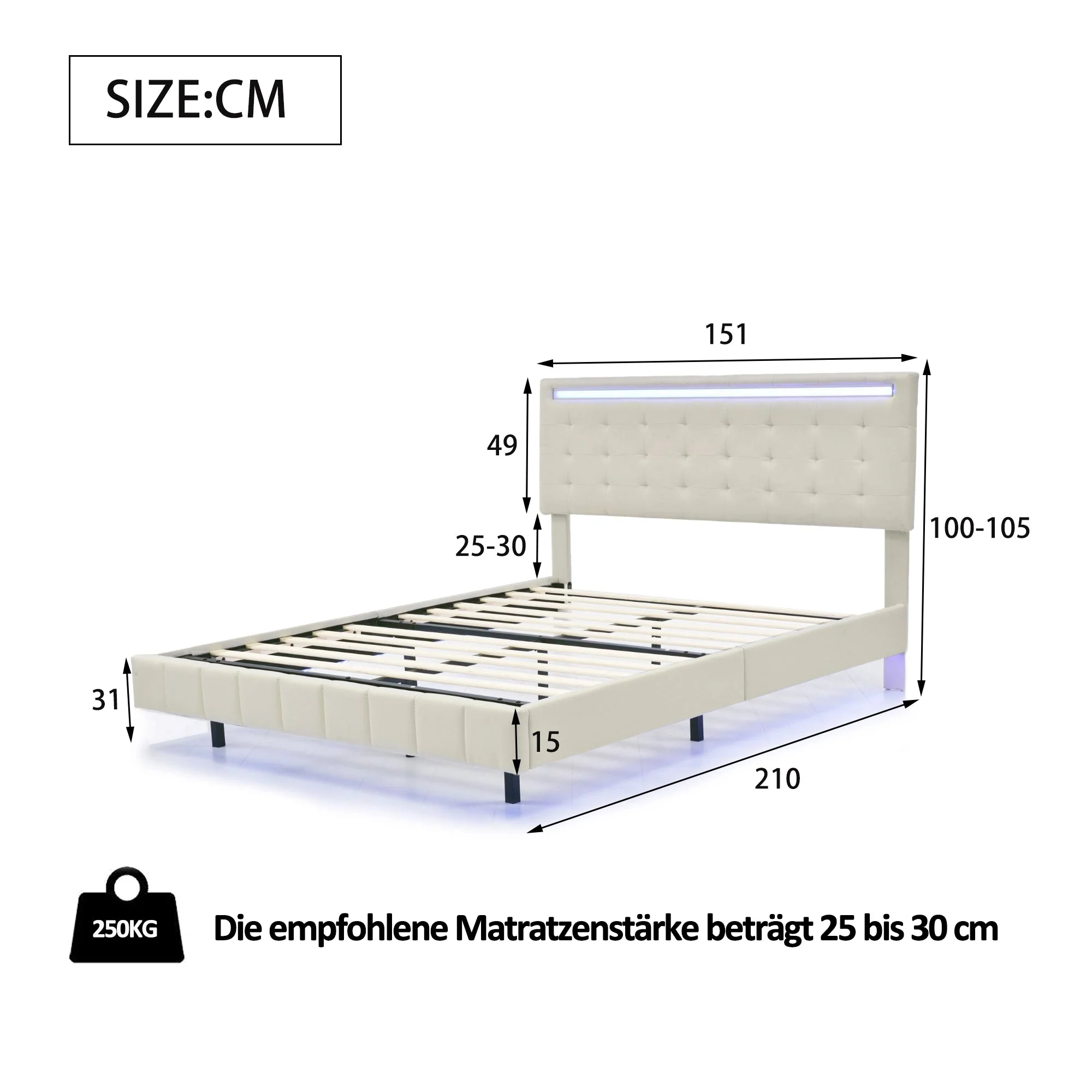 Upholstered Bed, 140x200cm Floating Frame with LED Lights & Headboard, Beige Linen - Image 10