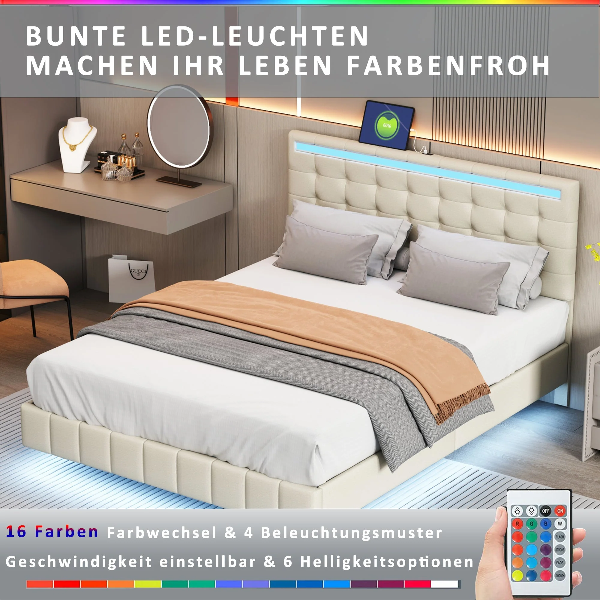 Upholstered Bed, 140x200cm Floating Frame with LED Lights & Headboard, Beige Linen - Image 6