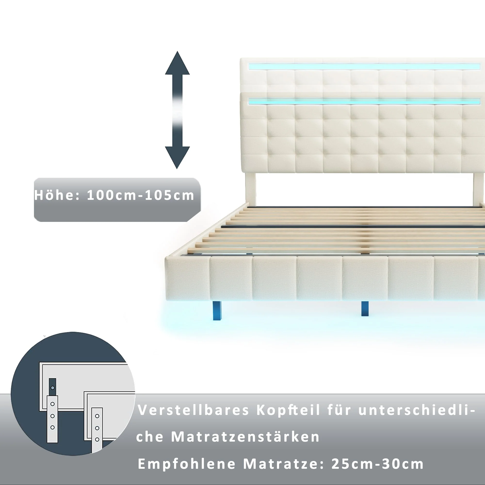 Upholstered Bed, 140x200cm Floating Frame with LED Lights & Headboard, Beige Linen - Image 8