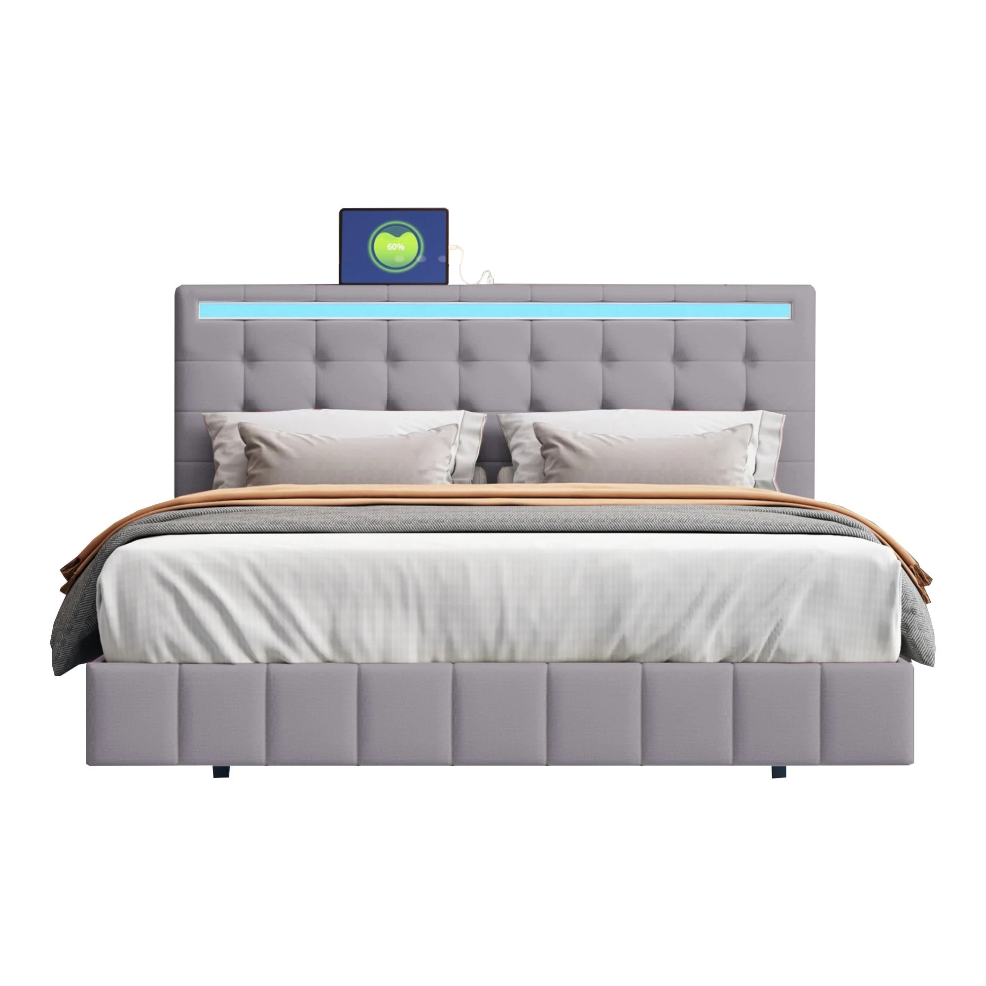 Upholstered Bed 140x200cm, Floating Frame with LED Lights & Headboard, Linen Grey - Image 10
