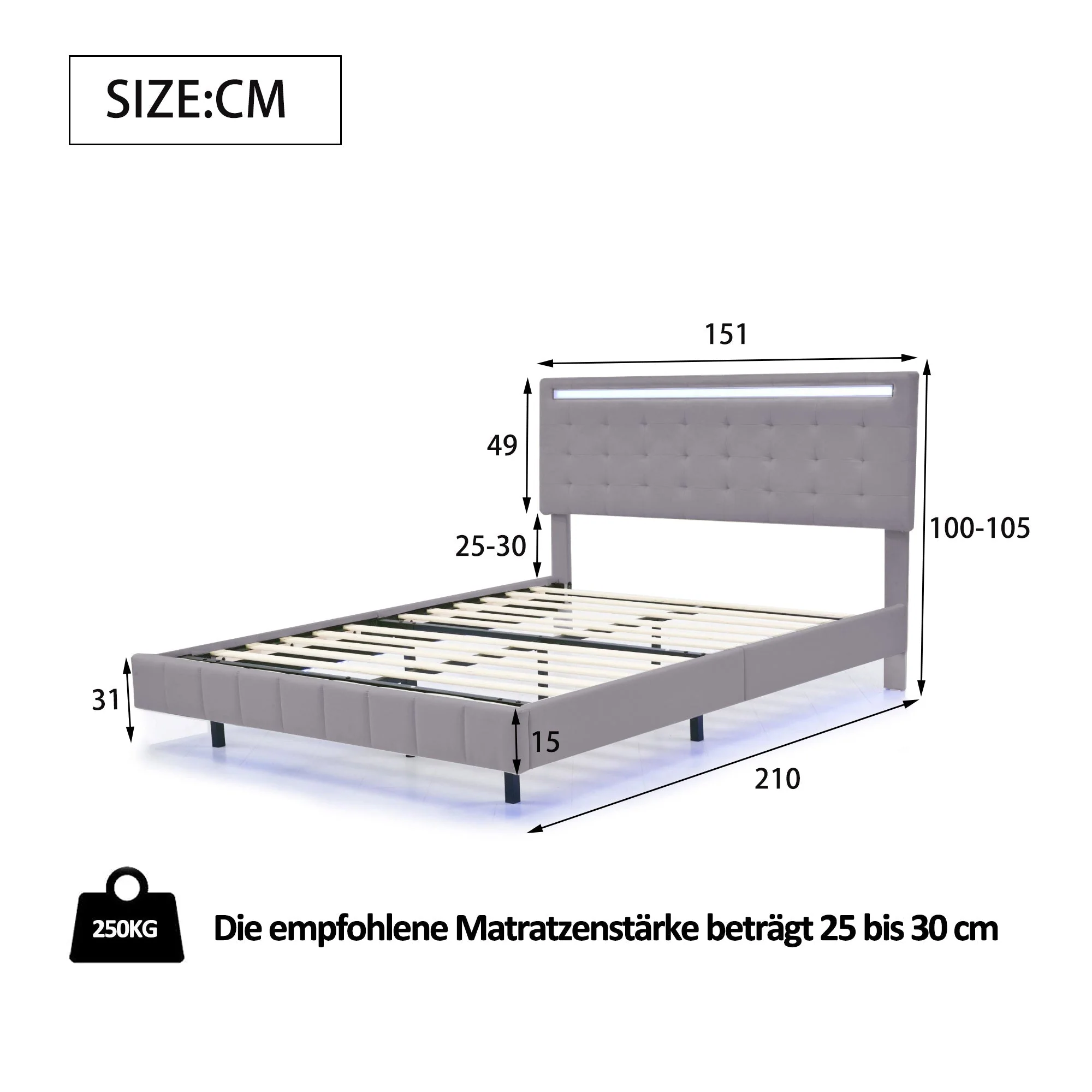 Upholstered Bed 140x200cm, Floating Frame with LED Lights & Headboard, Linen Grey - Image 8
