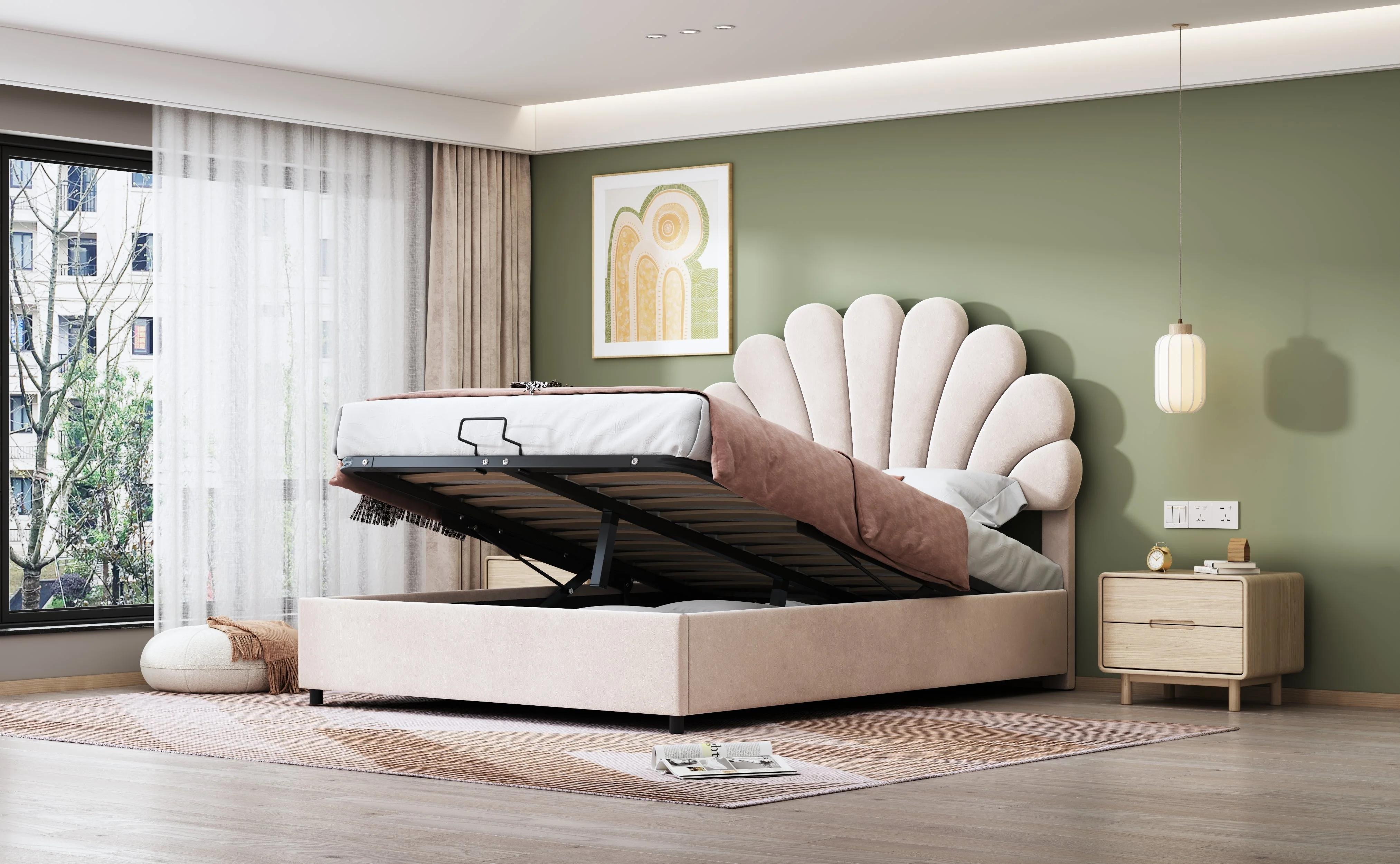 Upholstered Bed 140x200cm Floral Headboard Hydraulic Storage, Beige Velvet - Image 6
