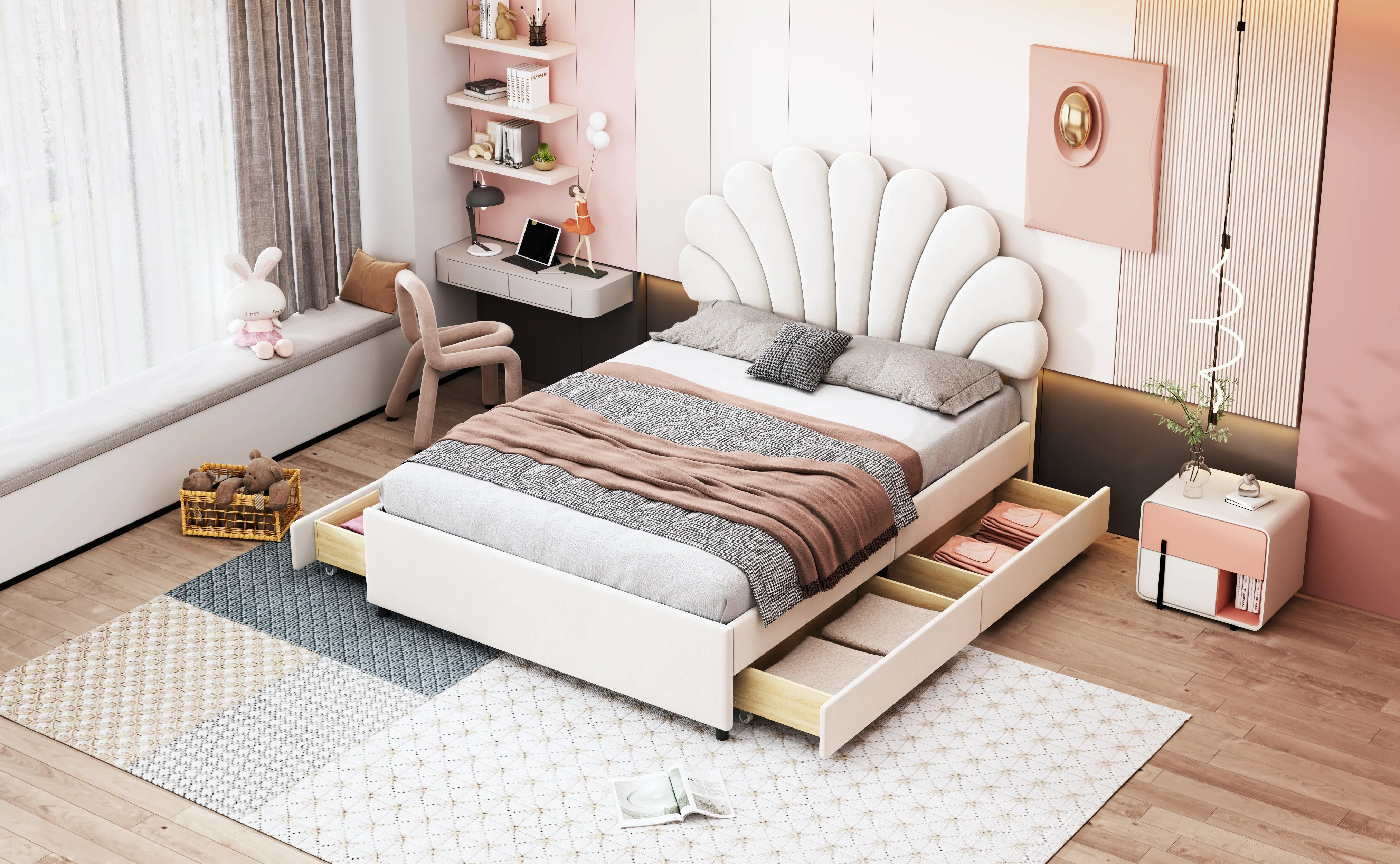 Upholstered Bed, 140x200cm Flower Headboard, Storage, Velvet Beige - Image 5