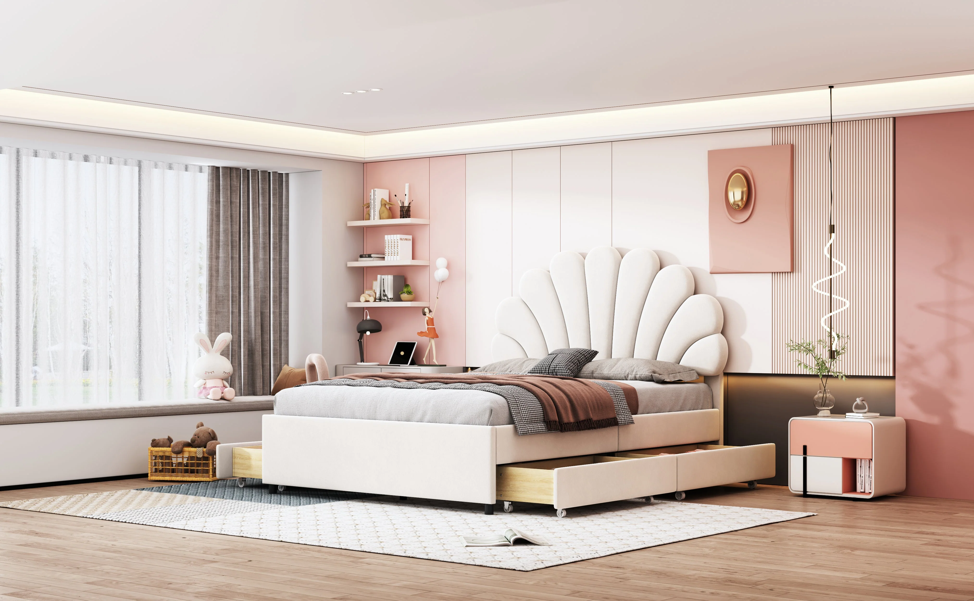 Upholstered Bed, 140x200cm Flower Headboard, Storage, Velvet Beige - Image 6