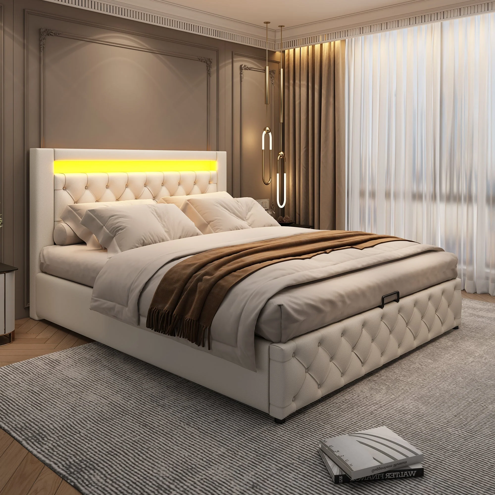 Upholstered Bed 140x200cm Functional Storage LED - White PU - Image 2