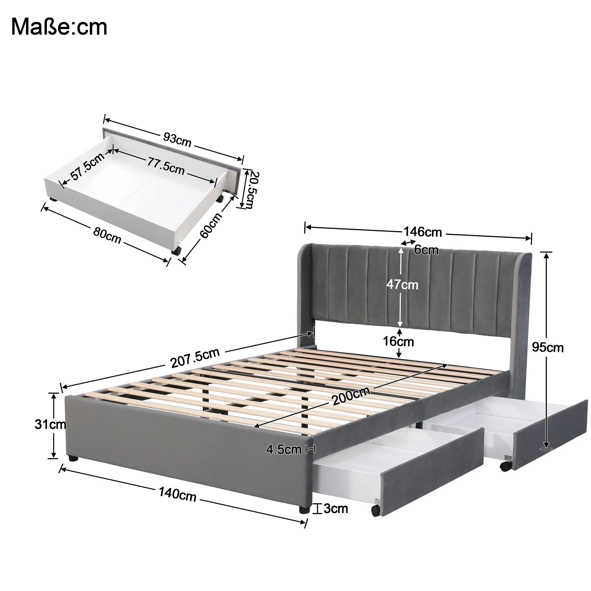 Upholstered Bed 140x200cm Headboard 2 Drawers - Grey Velvet - Image 10