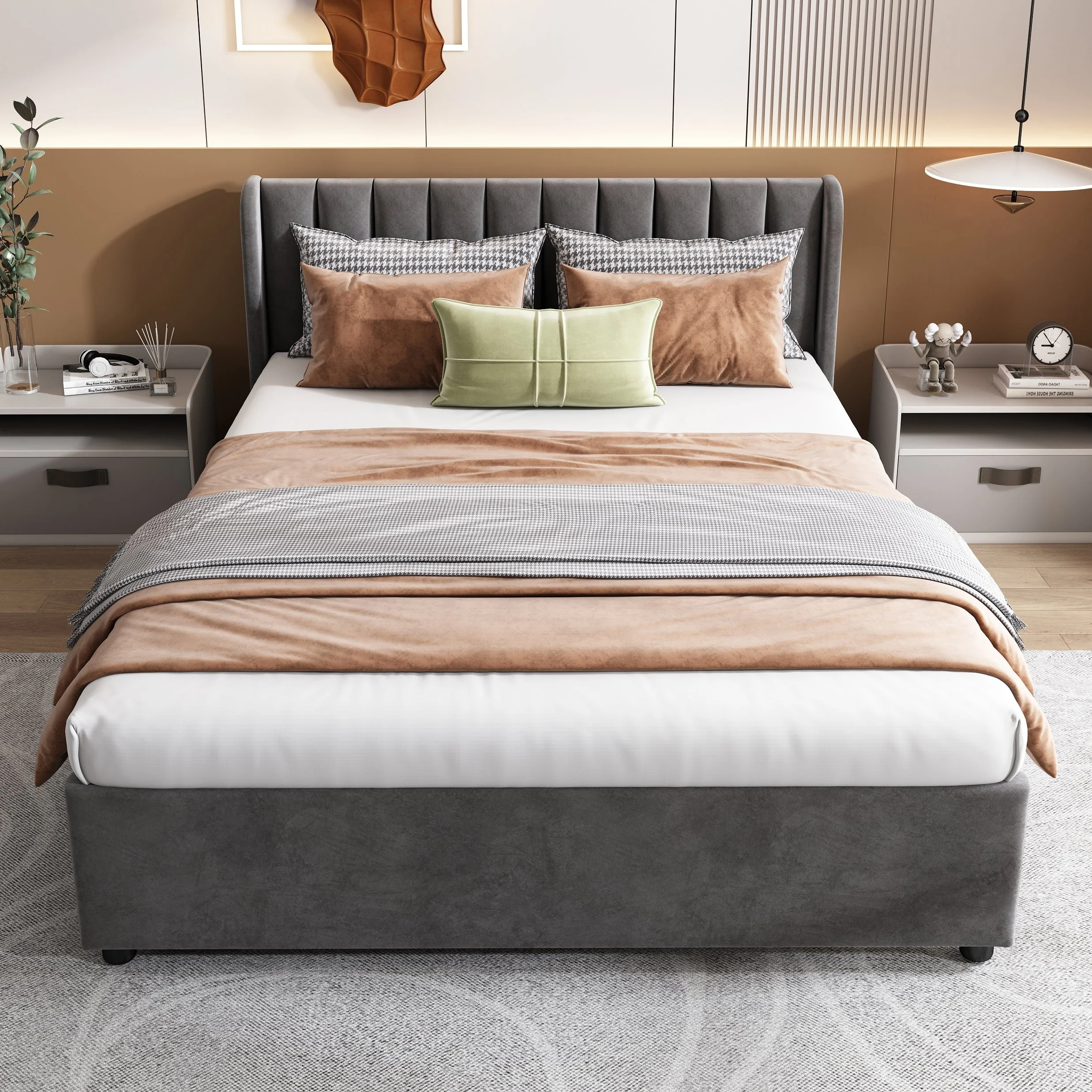Upholstered Bed 140x200cm Headboard 2 Drawers - Grey Velvet - Image 2