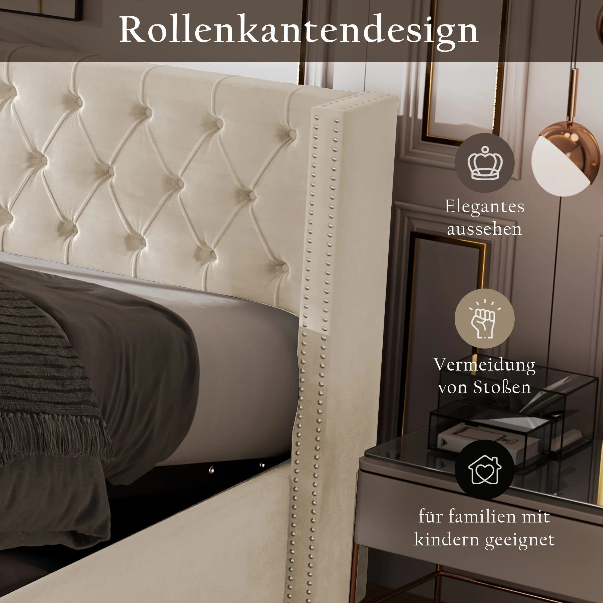 Upholstered Bed 140x200cm Hydraulic Storage Ear Shape Studs Button Tufted - Velvet Beige - Image 7