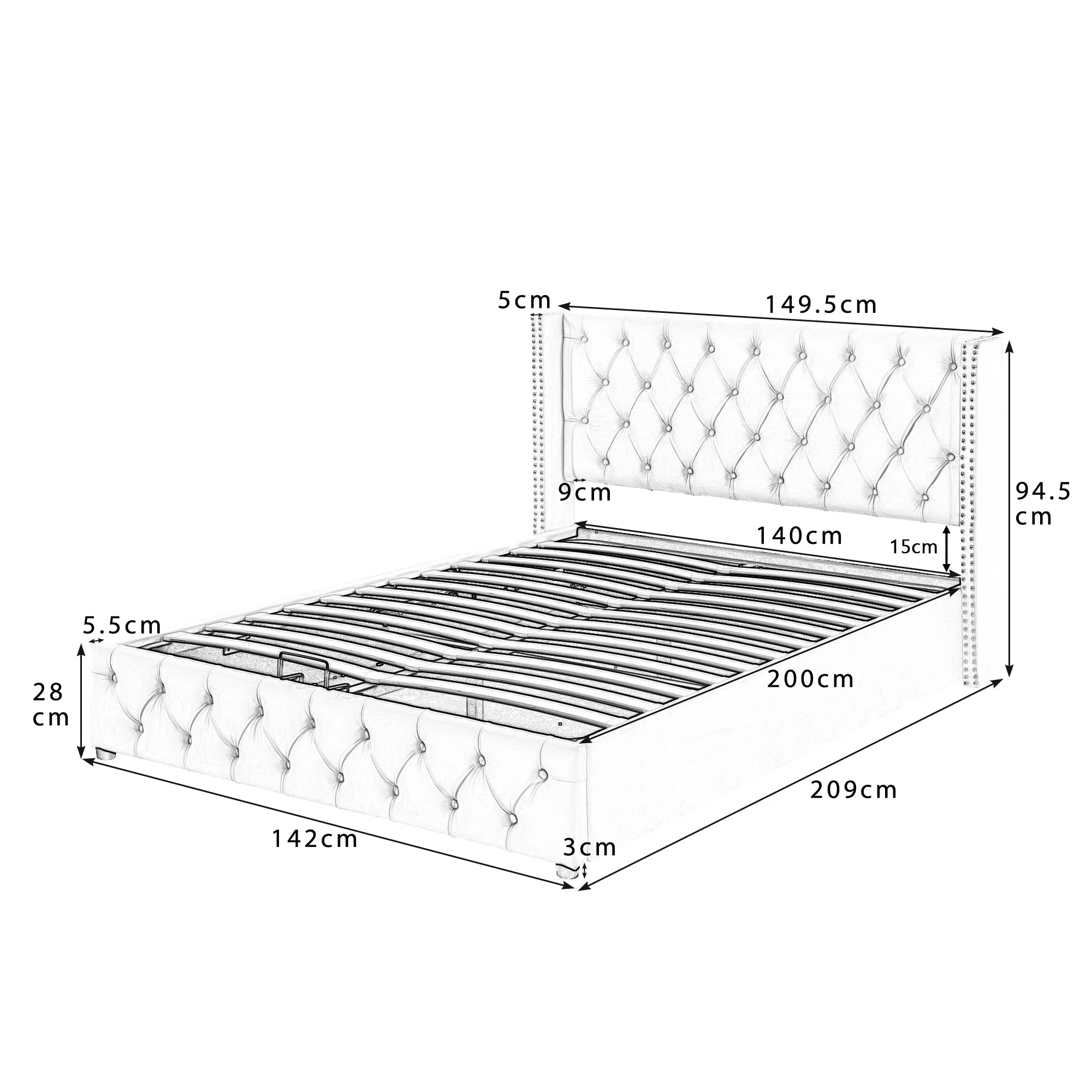 Upholstered Bed 140x200cm Hydraulic Storage Ear Shape Studs Button Tufted - Velvet Beige - Image 9