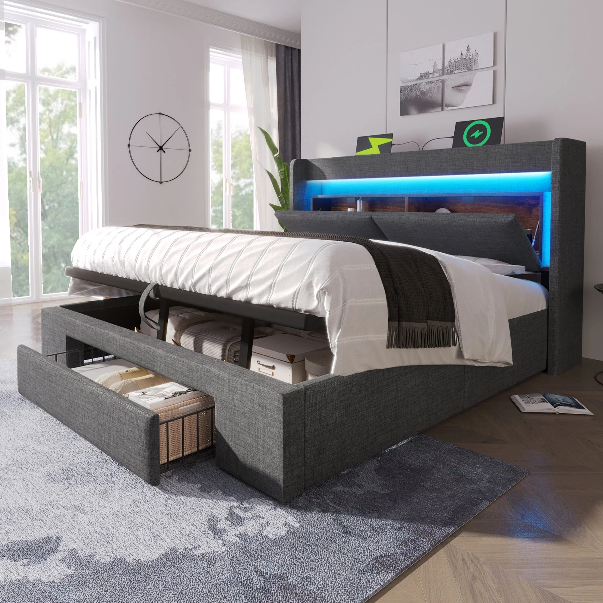 Upholstered Bed 140x200cm Hydraulic Storage Headboard LED USB/USB-C Linen Grey - Image 10