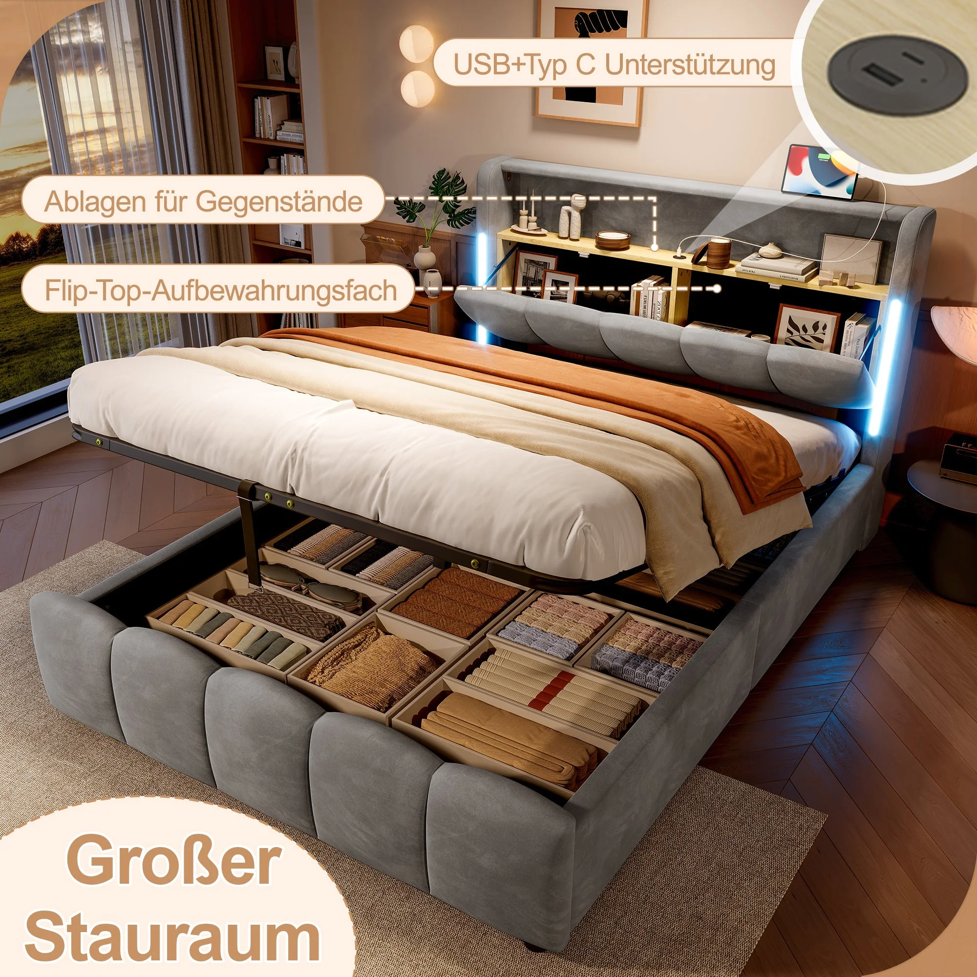 Upholstered Bed 140x200cm Hydraulic Storage LED Headboard USB/Type-C Velvet Grey - Image 3