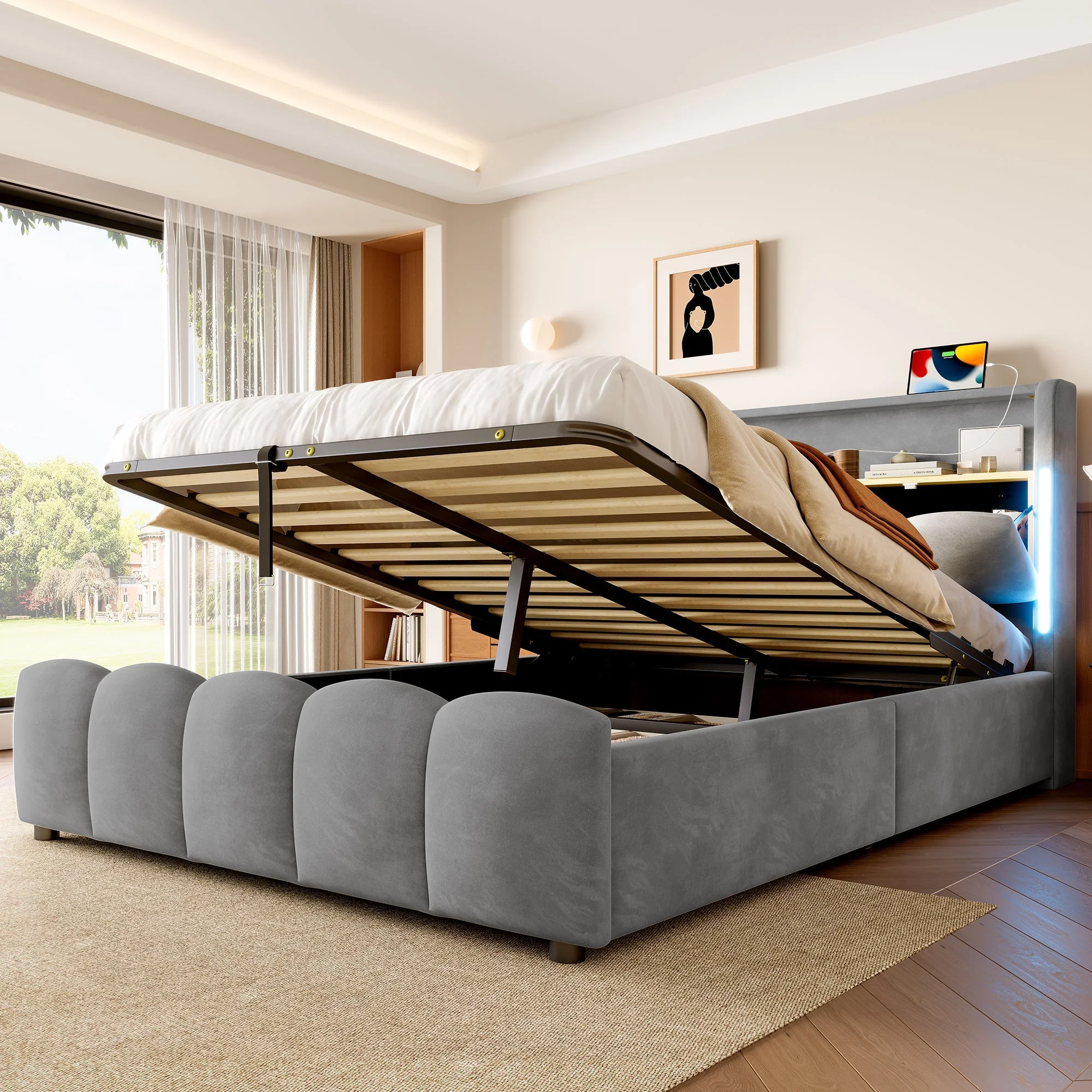 Upholstered Bed 140x200cm Hydraulic Storage LED Headboard USB/Type-C Velvet Grey - Image 6