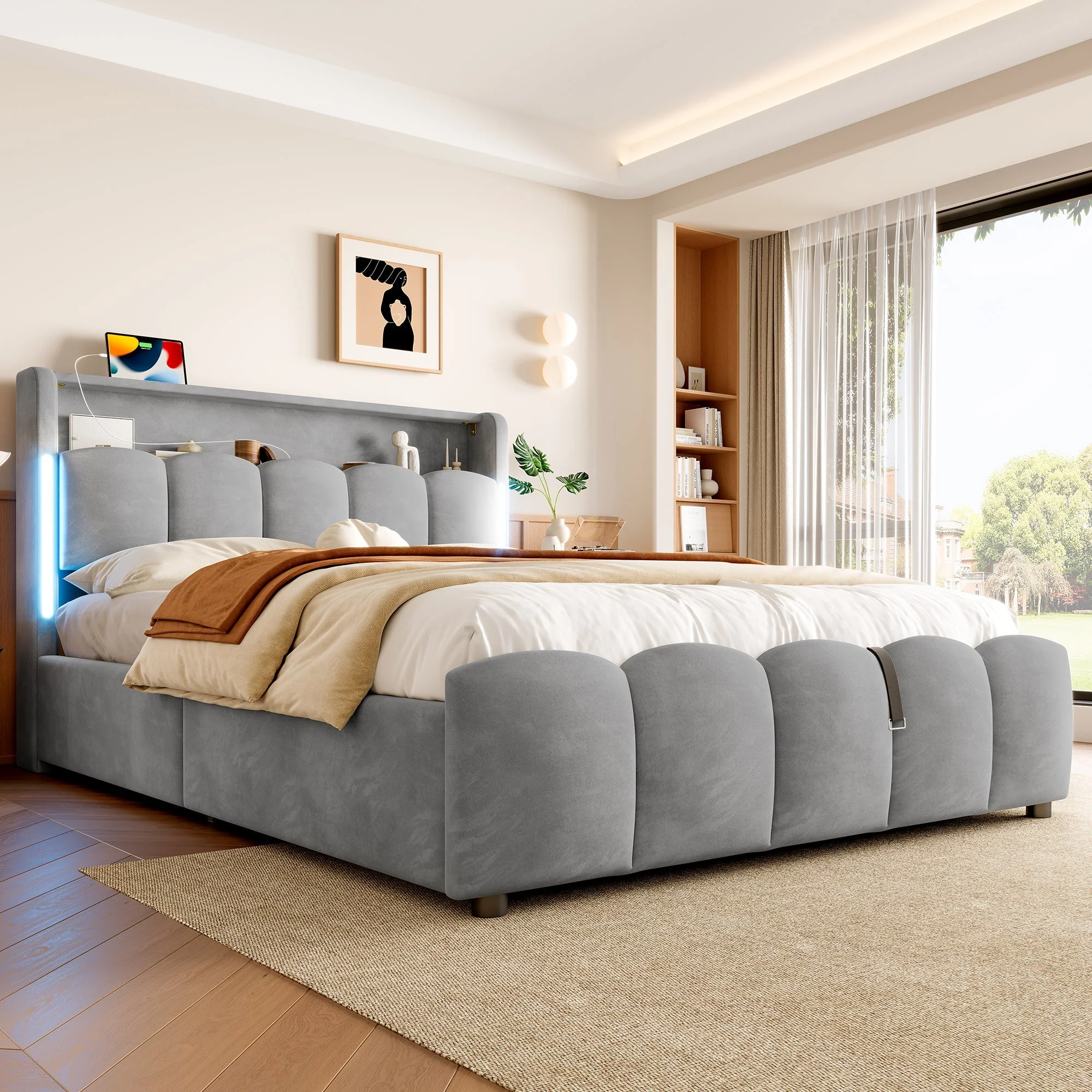 Upholstered Bed 140x200cm Hydraulic Storage LED Headboard USB/Type-C Velvet Grey - Image 8