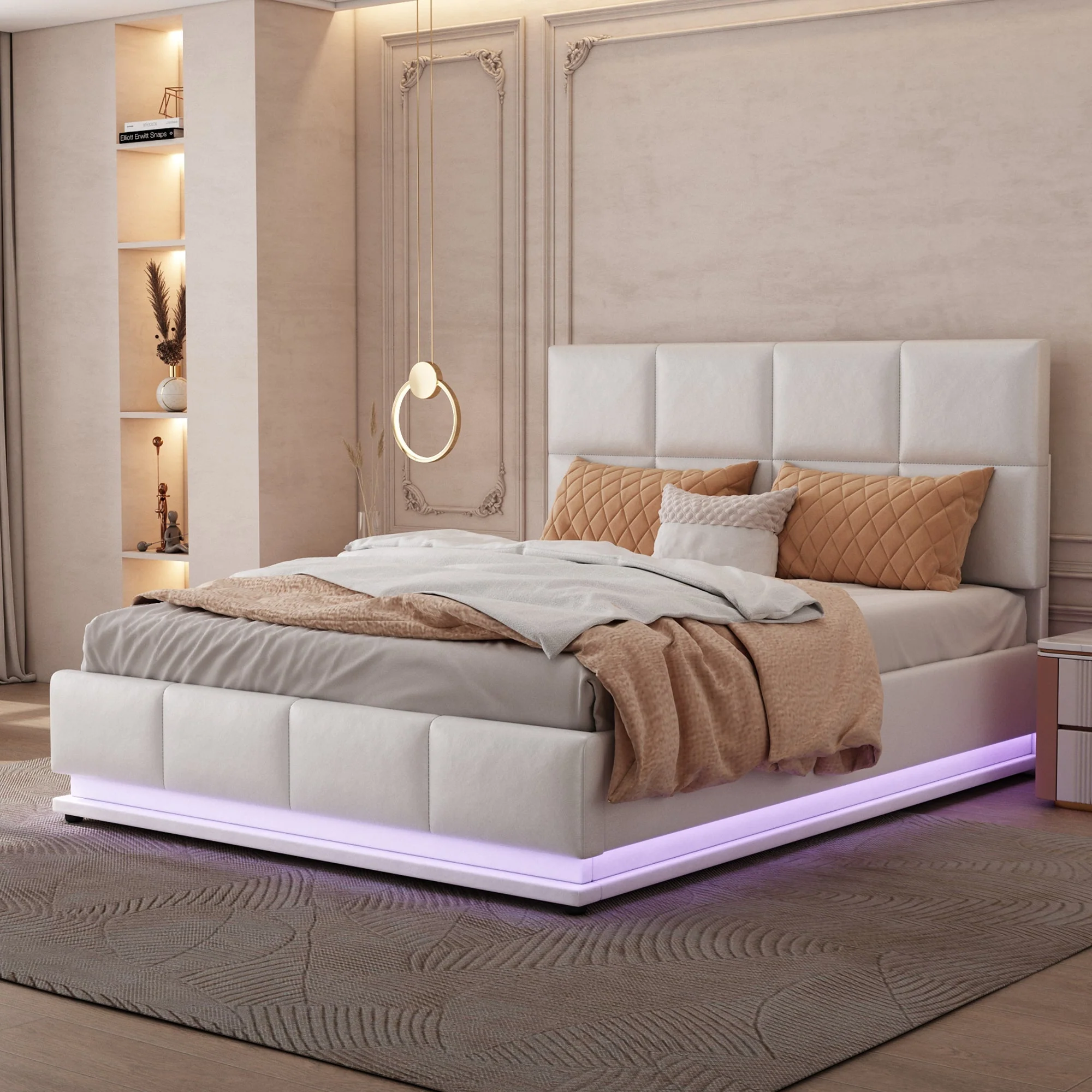 Upholstered Bed 140x200cm Hydraulic Storage LED Slatted Frame - White Faux Leather - Image 3