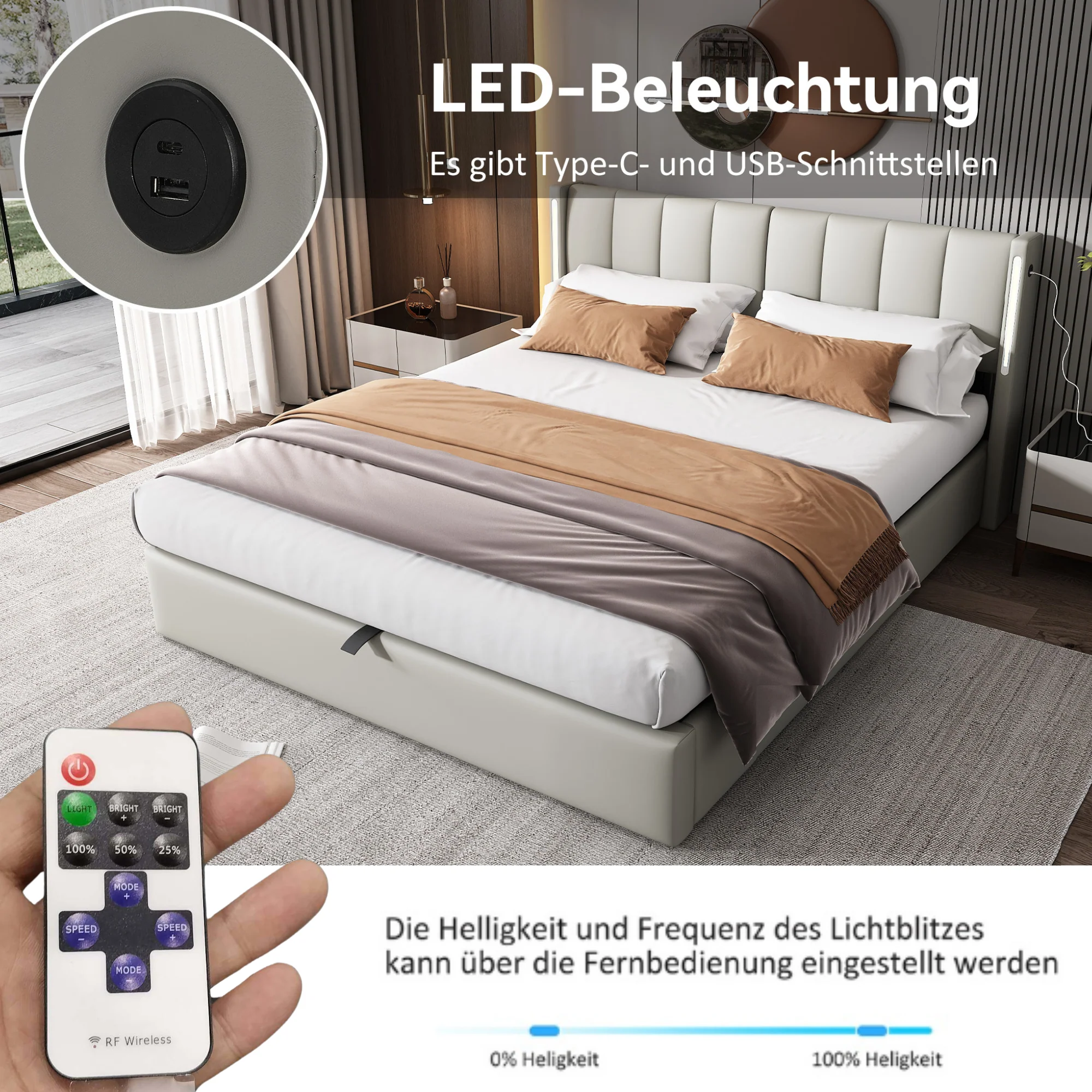 Upholstered Bed 140x200cm Hydraulic Storage LED USB Adjustable Headboard PU Grey - Image 8