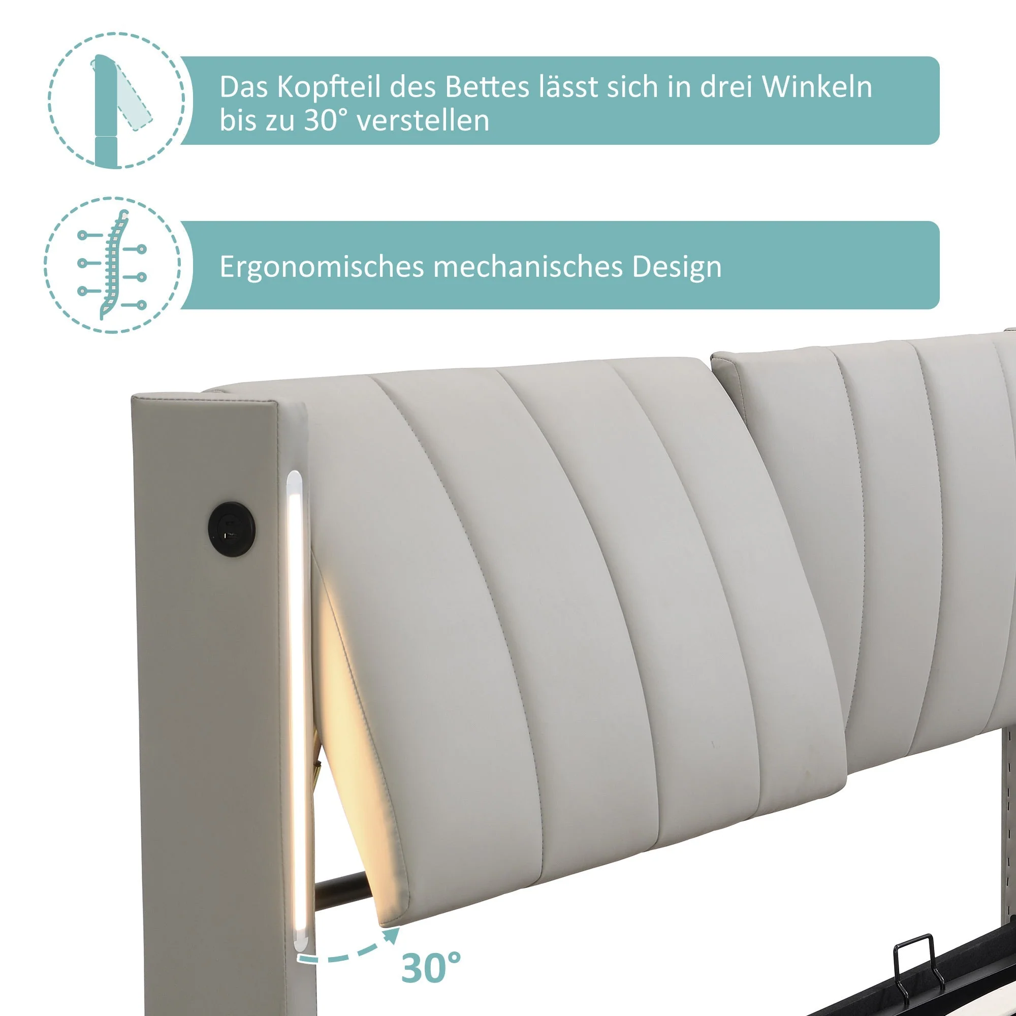Upholstered Bed 140x200cm Hydraulic Storage LED USB Adjustable Headboard PU Grey - Image 9