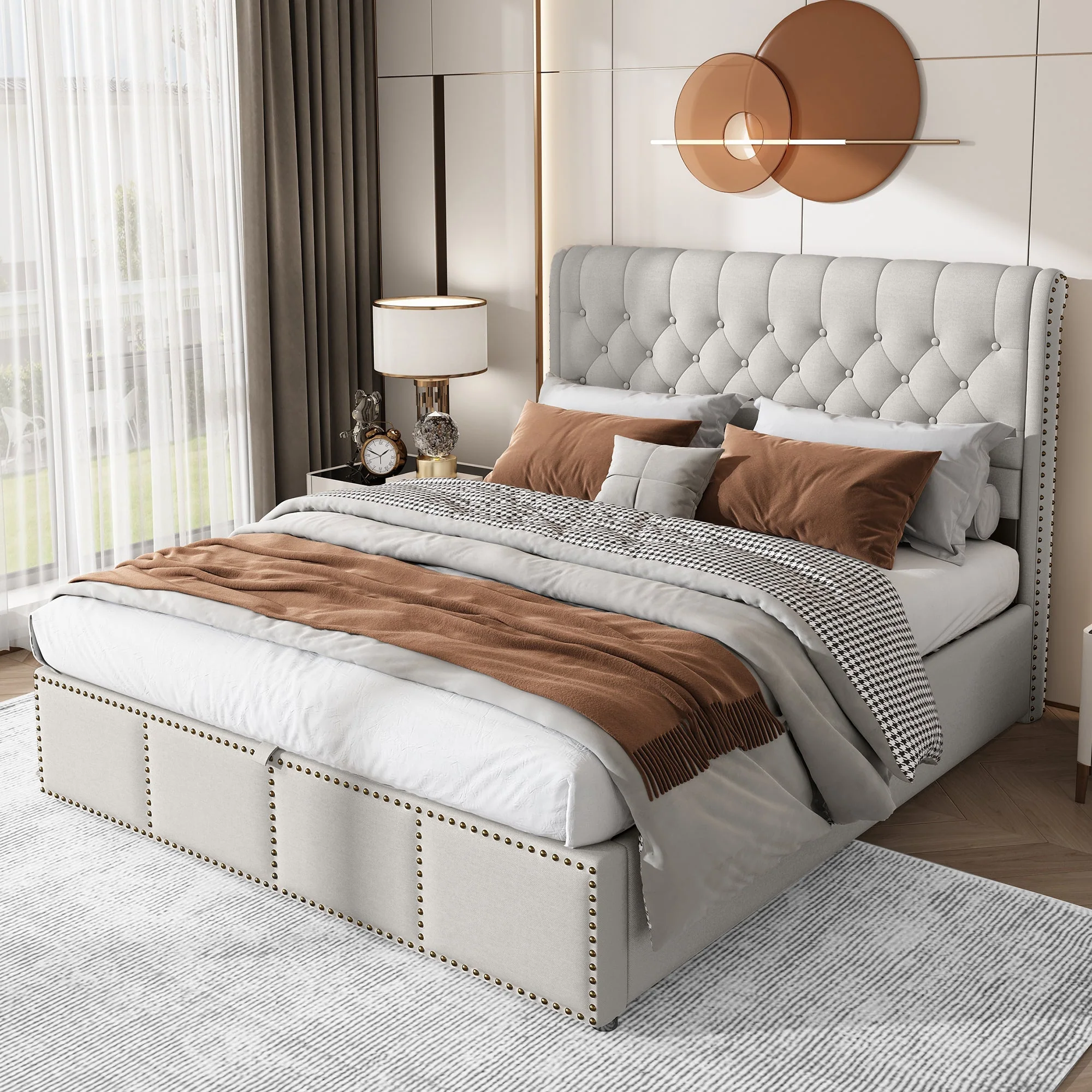 Upholstered Bed 140x200cm Hydraulic Storage Studded - Cotton-Linen - Image 3