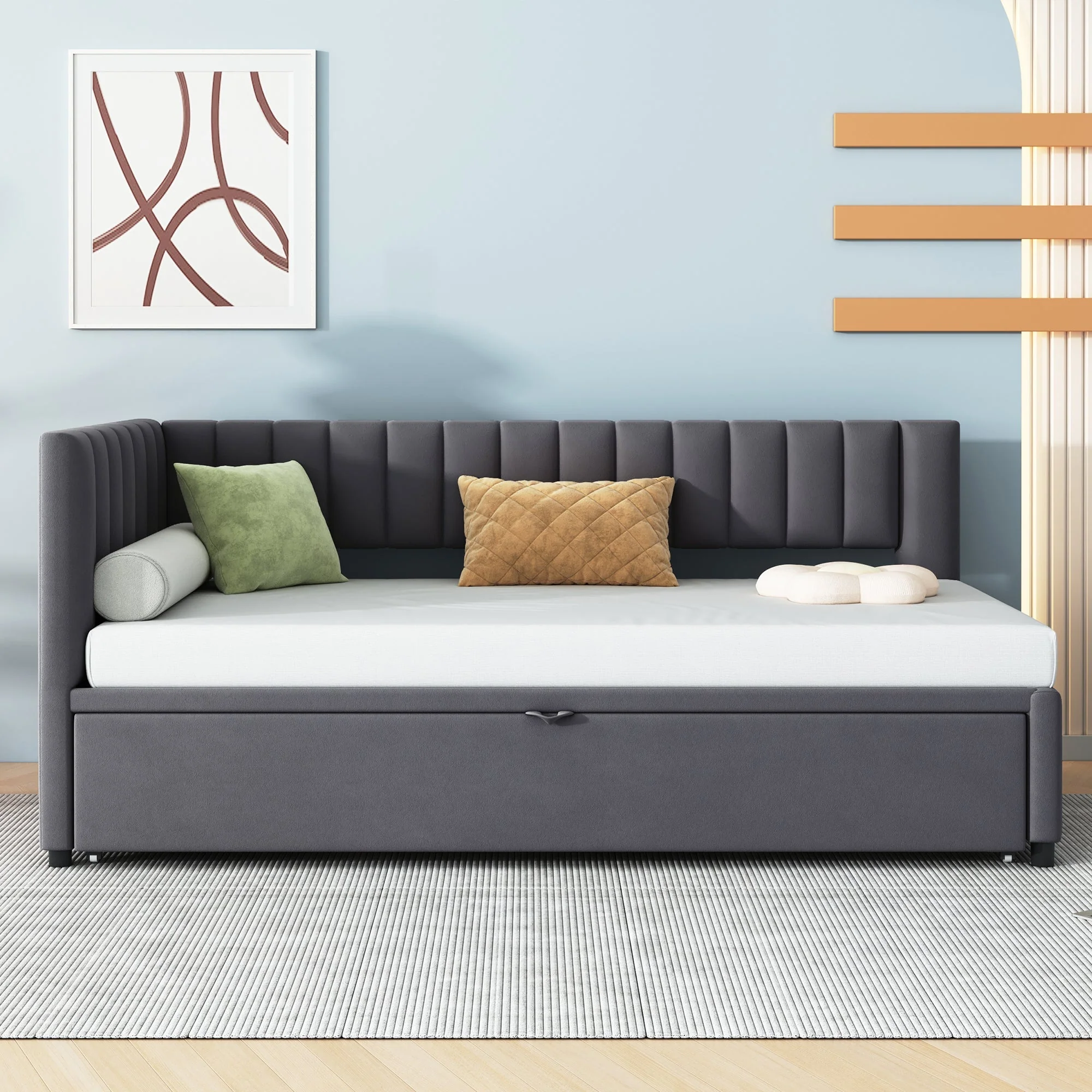 Upholstered Bed 140x200cm Hydraulic Storage USB-C LED Headboard Beige - Image 4