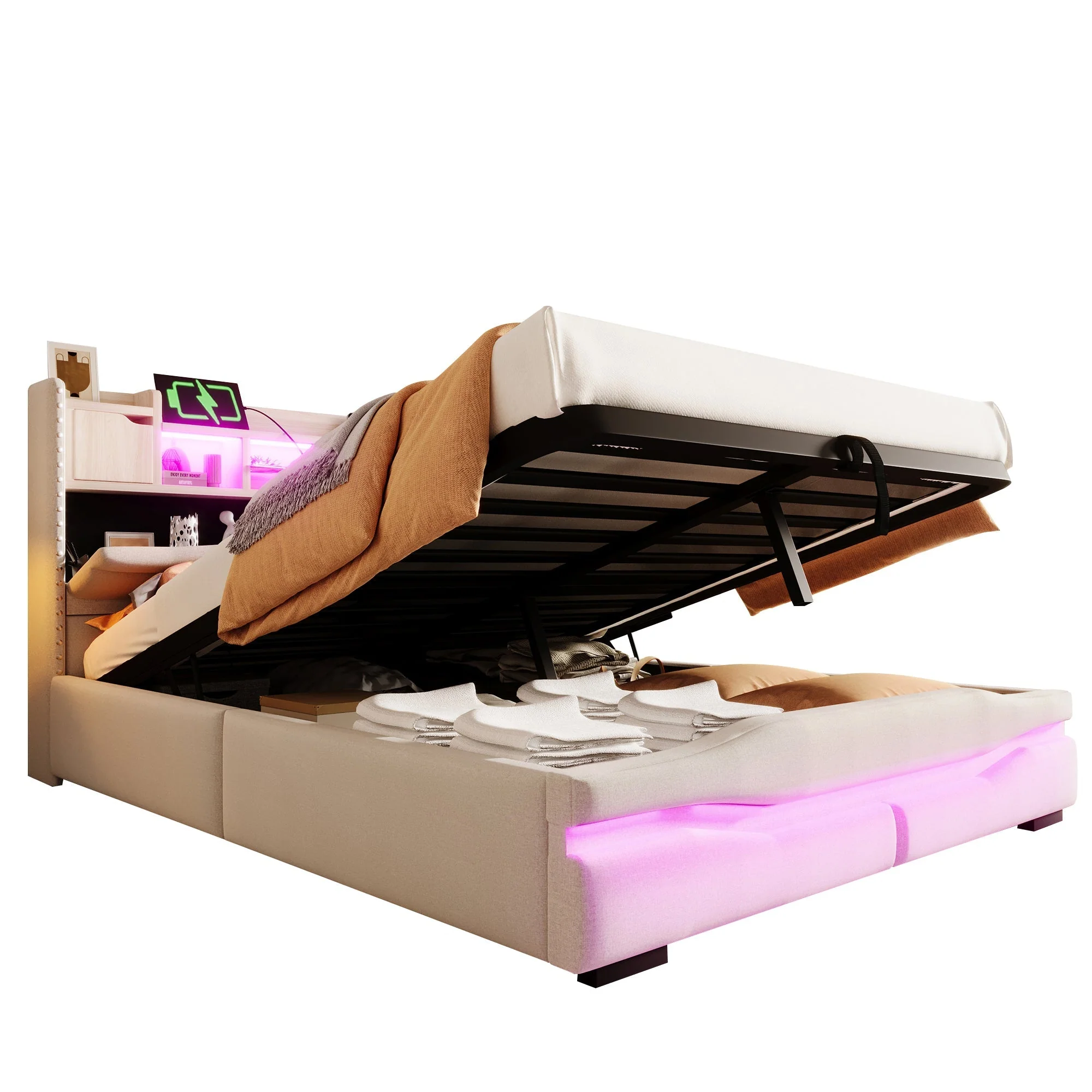 Upholstered Bed 140x200cm Hydraulic Storage USB-C LED Headboard Compartment Beige - Image 10