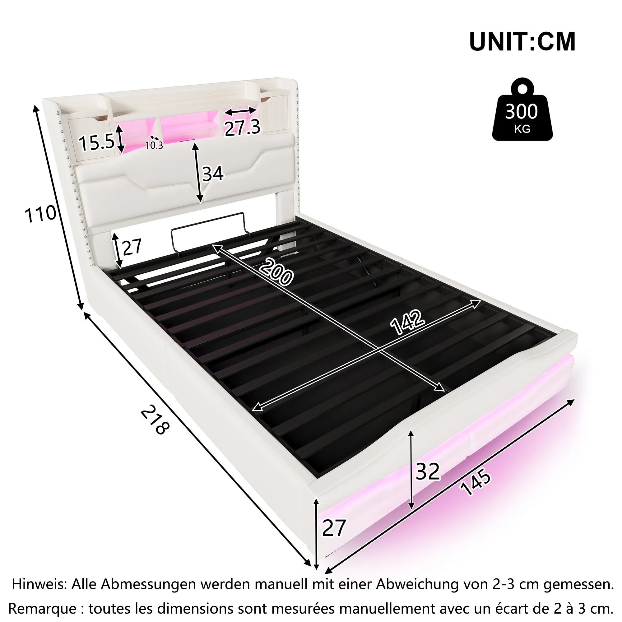 Upholstered Bed 140x200cm Hydraulic Storage USB-C LED Headboard Compartment Beige - Image 8
