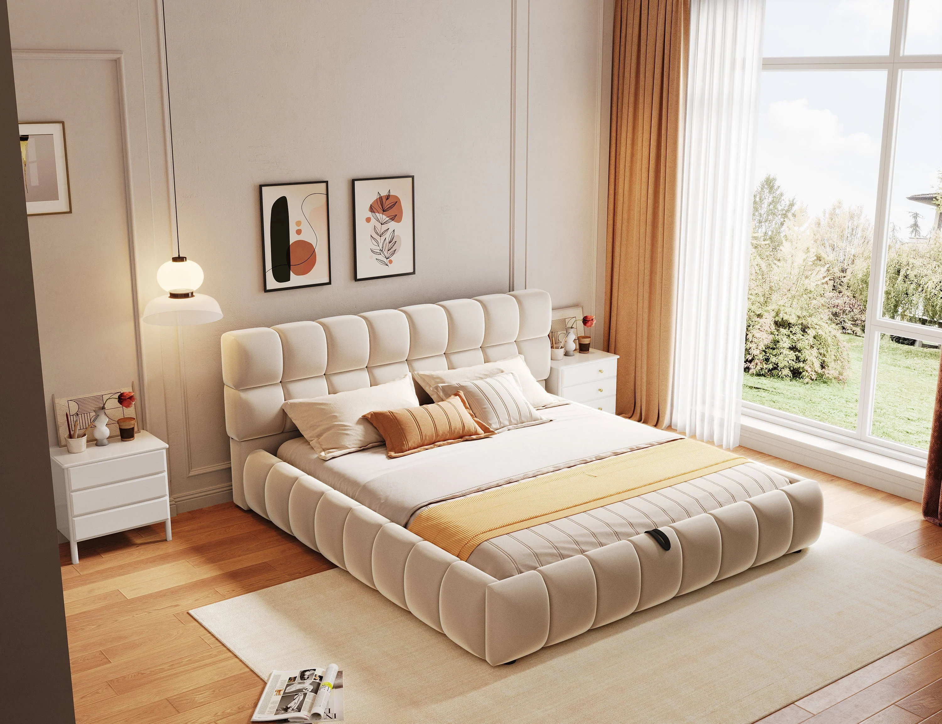Upholstered Bed 140x200cm Hydraulic Storage, Velvet Beige - Image 6