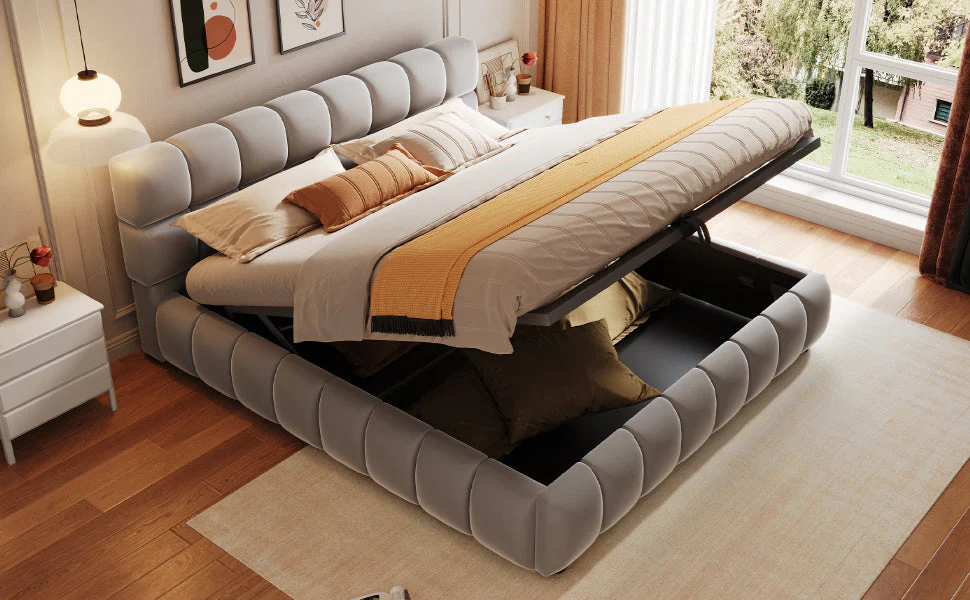 Upholstered Bed 140x200cm Hydraulic Storage Velvet Grey - Image 5