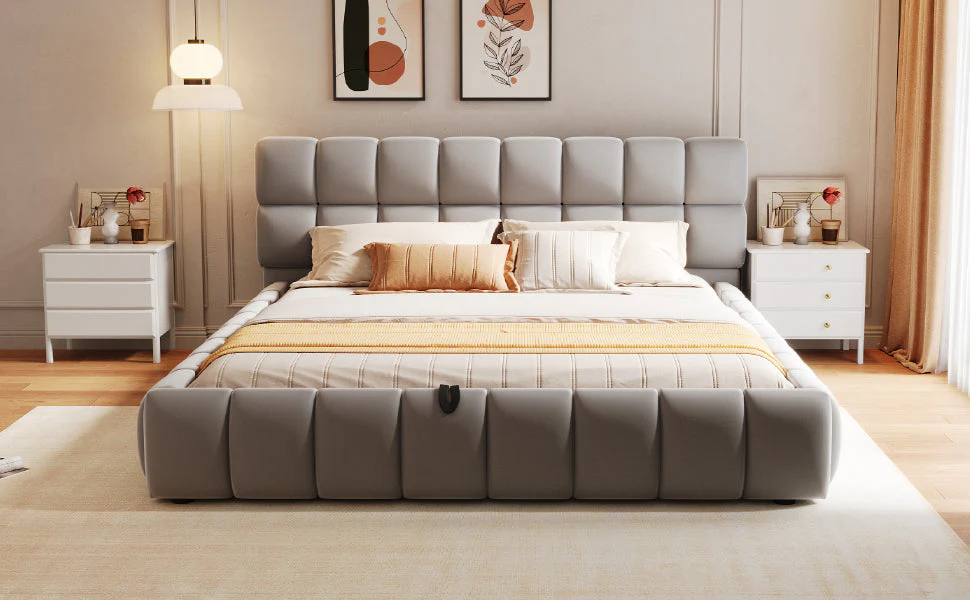 Upholstered Bed 140x200cm Hydraulic Storage Velvet Grey - Image 7