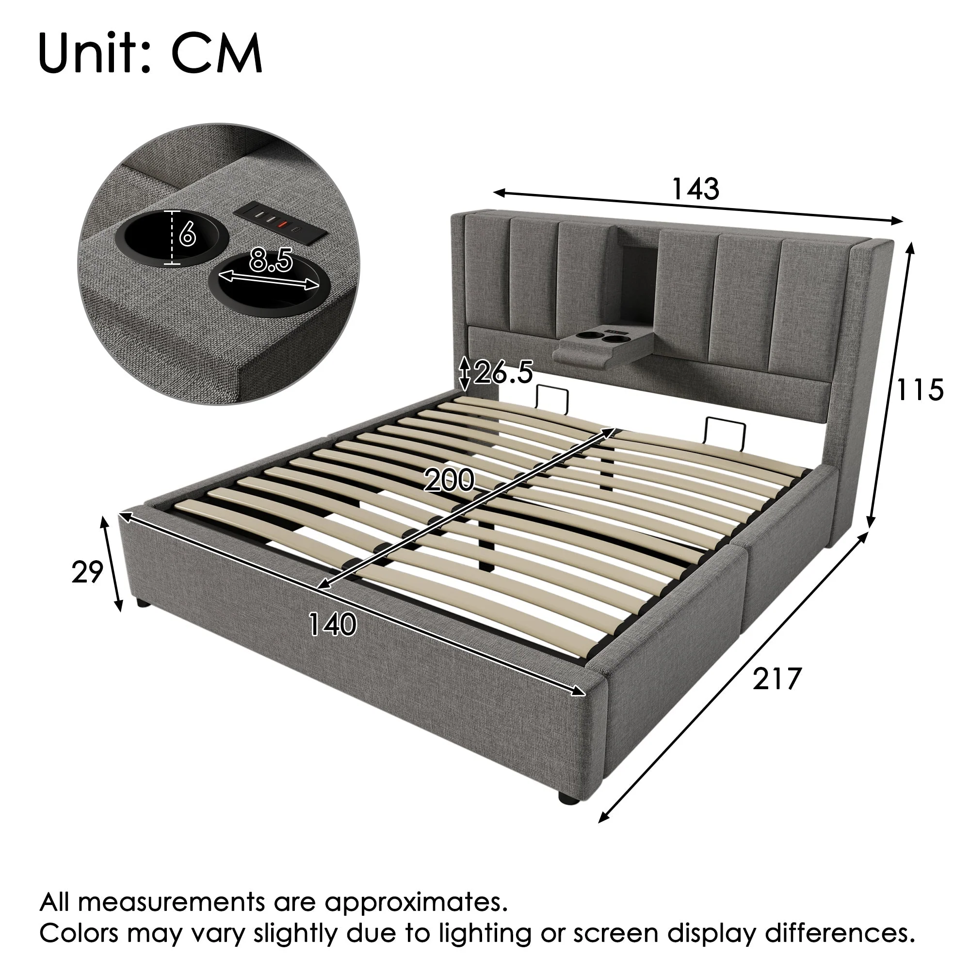Upholstered Bed 140x200cm Hydraulic Storage with Charging Station and Cup Holder Linen Grey - Image 2