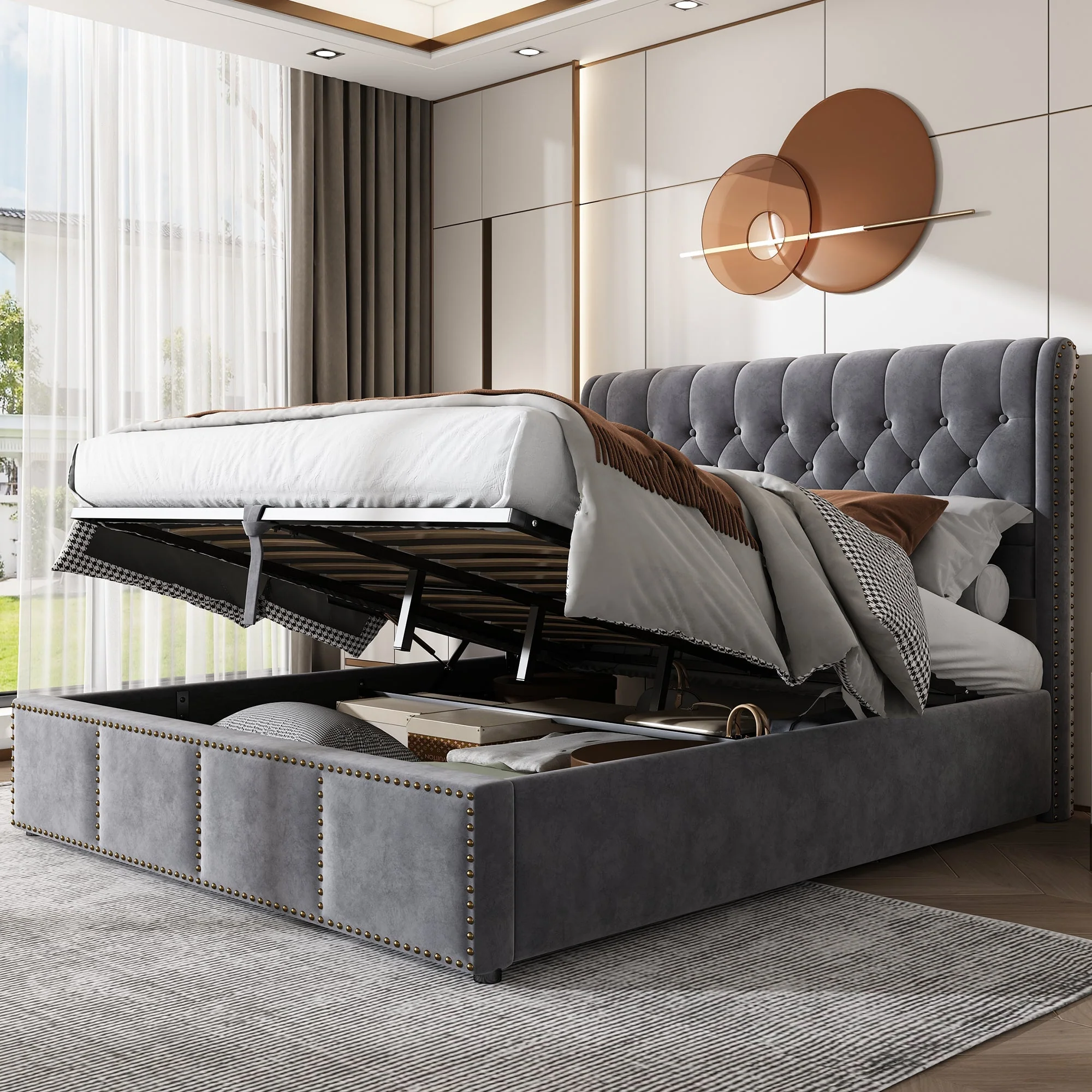 Upholstered Bed 140x200cm Hydraulic Storage with Upholstered Bench - Velvet Grey - Image 2
