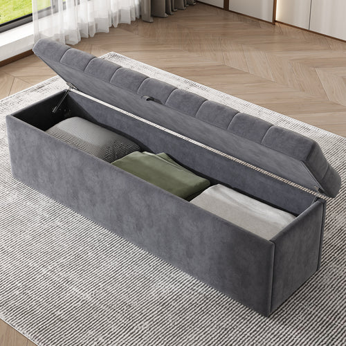 Upholstered Bed 140x200cm Hydraulic Storage with Upholstered Bench - Velvet Grey - Image 3