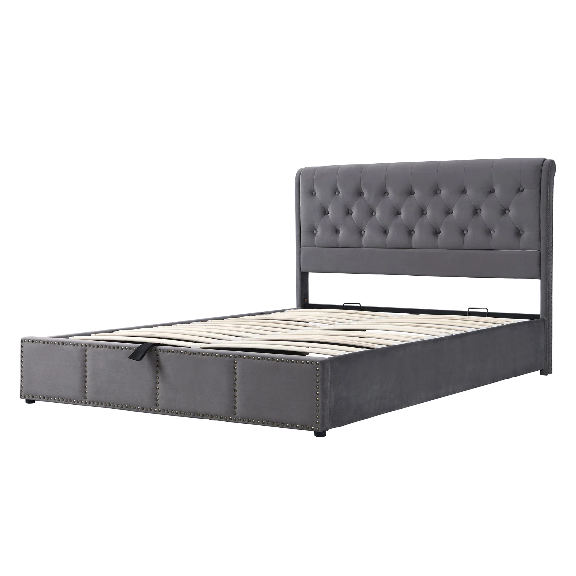 Upholstered Bed 140x200cm Hydraulic Storage with Upholstered Bench - Velvet Grey - Image 8