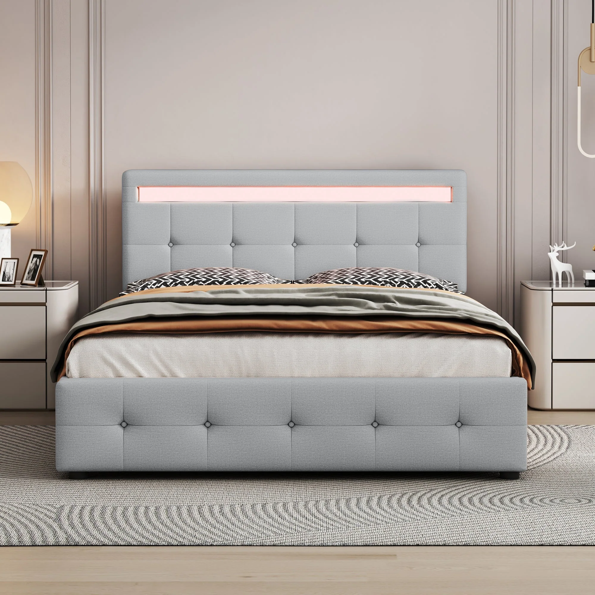 Upholstered Bed, 140x200cm, LED, 4 Drawers, Linen, Grey - Image 3