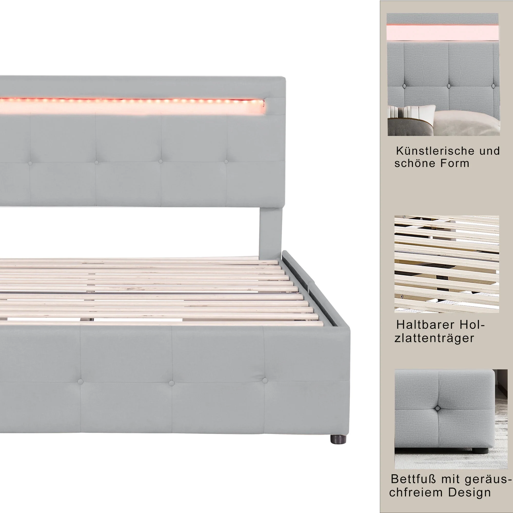 Upholstered Bed, 140x200cm, LED, 4 Drawers, Linen, Grey - Image 8
