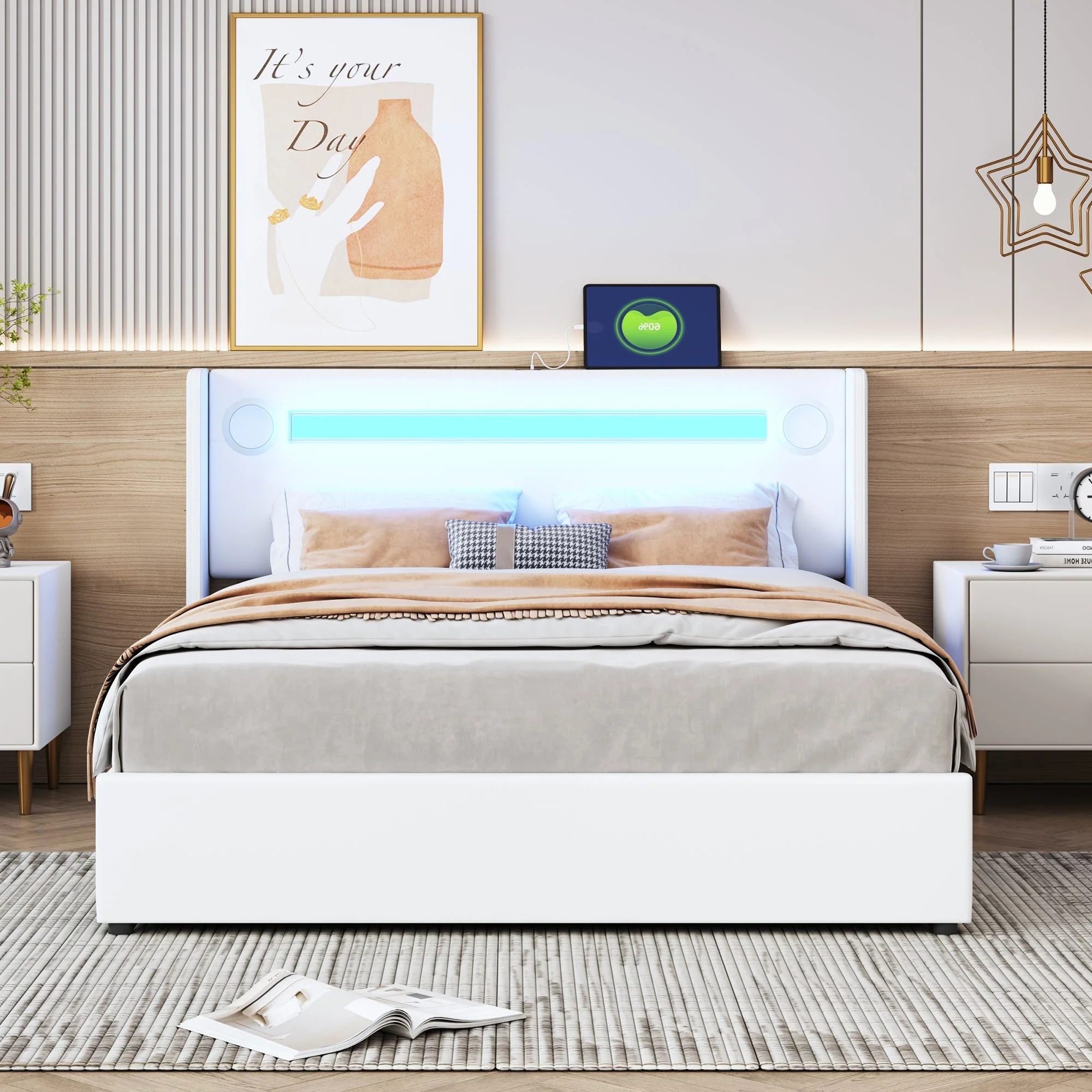 Upholstered Bed 140x200cm, LED & Bluetooth, Storage, White PU Leather - Image 10