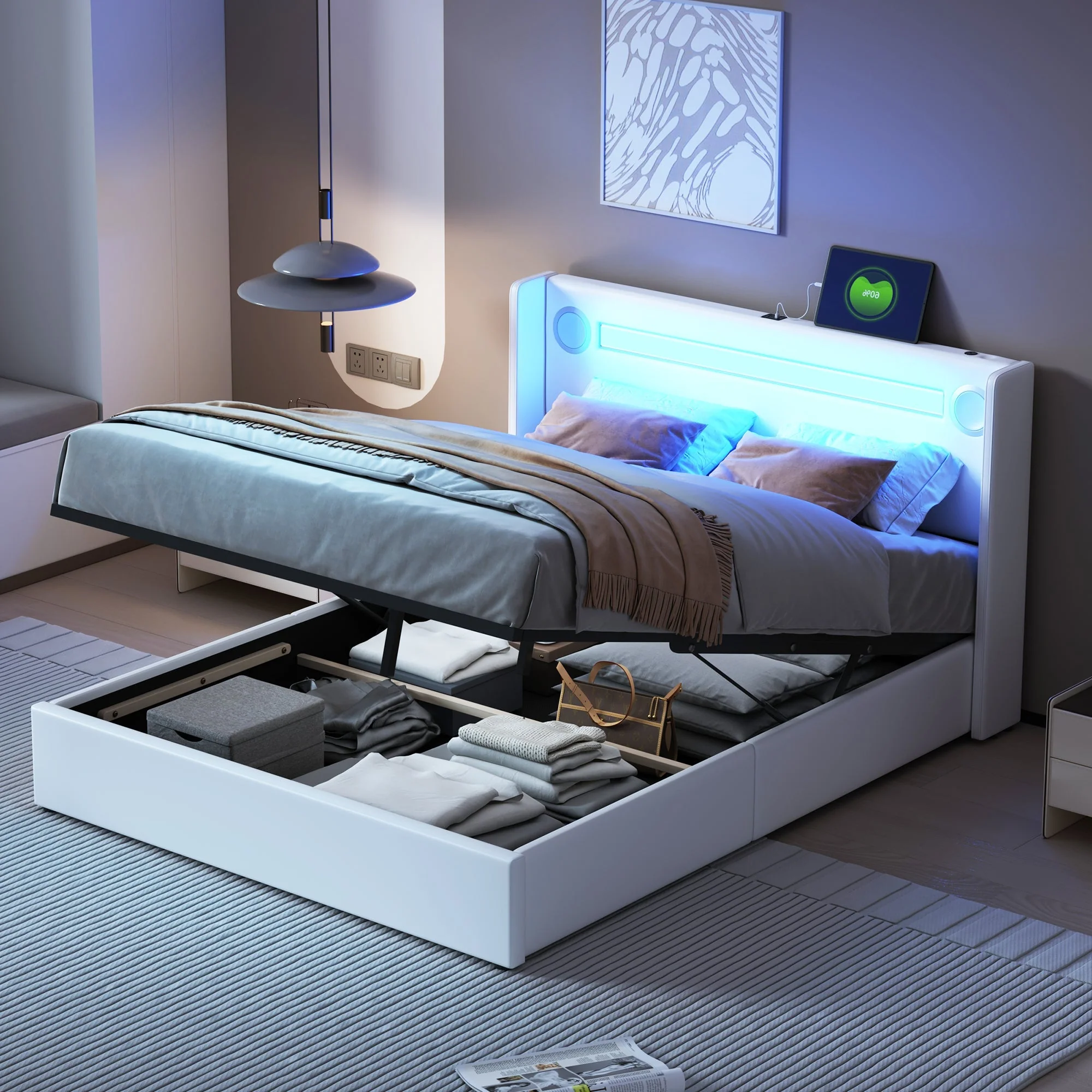 Upholstered Bed 140x200cm, LED & Bluetooth, Storage, White PU Leather - Image 2