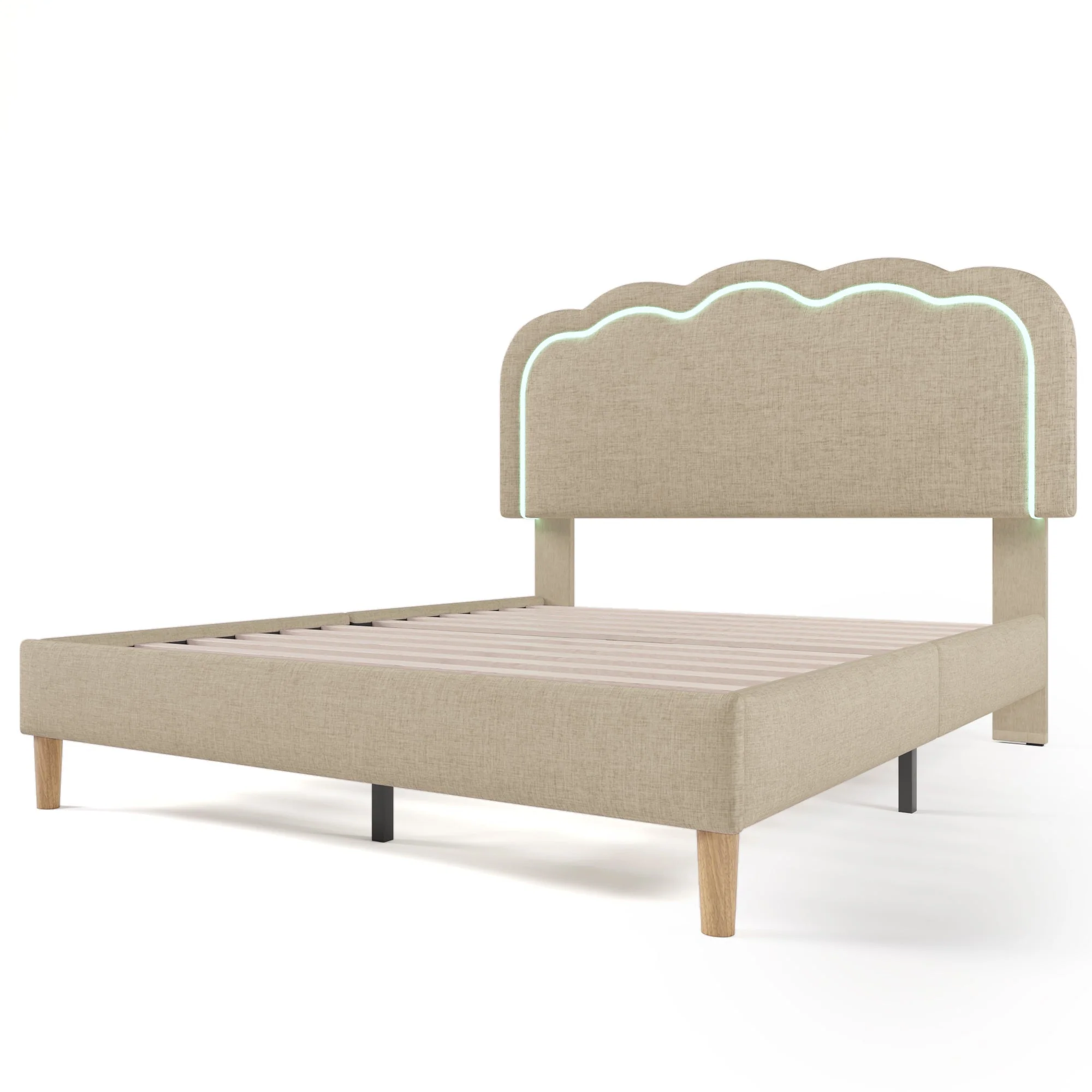 Upholstered Bed, 140x200cm LED Double with Adjustable Headboard, Beige Linen - Image 6