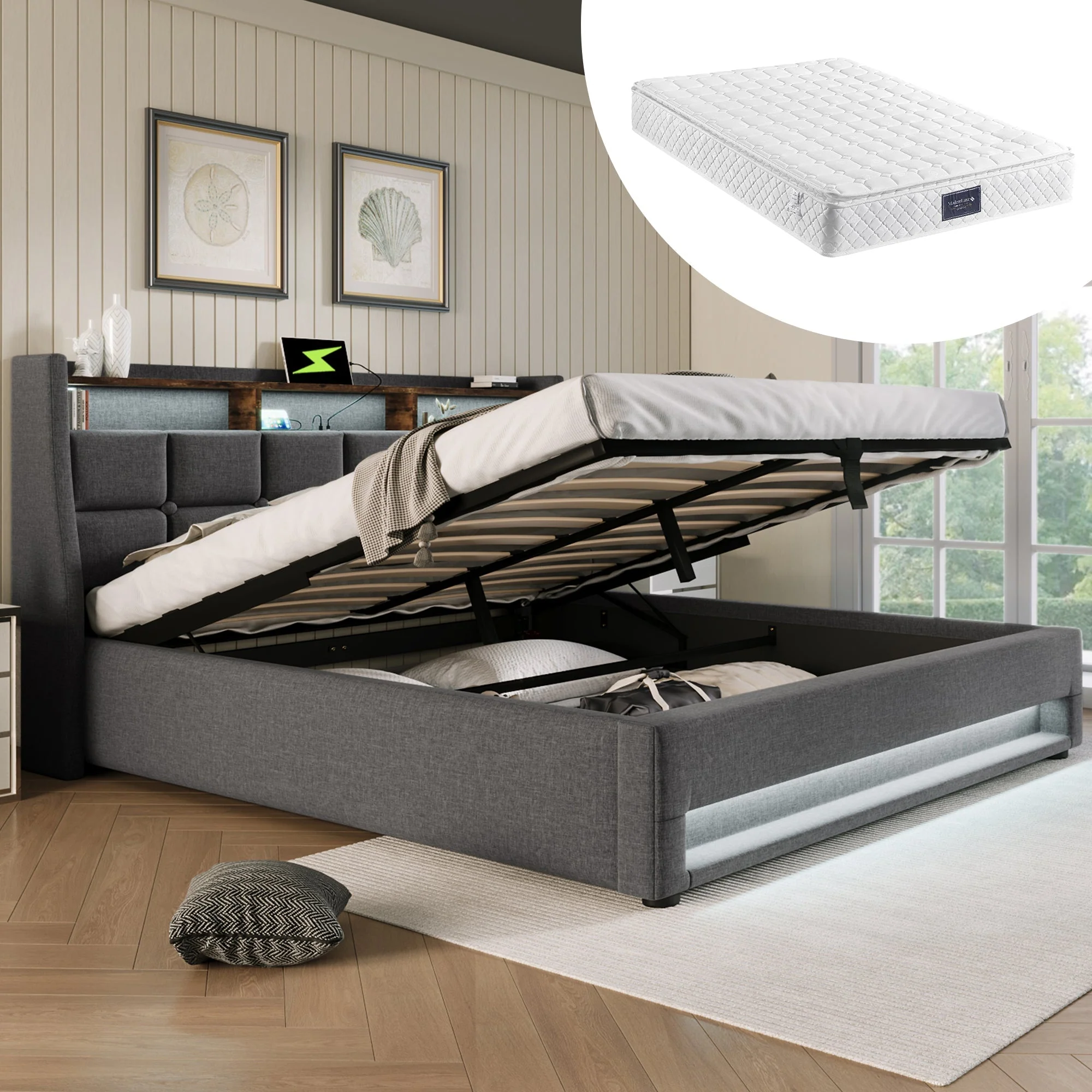 Upholstered Bed 140x200cm, LED Double with USB, Linen